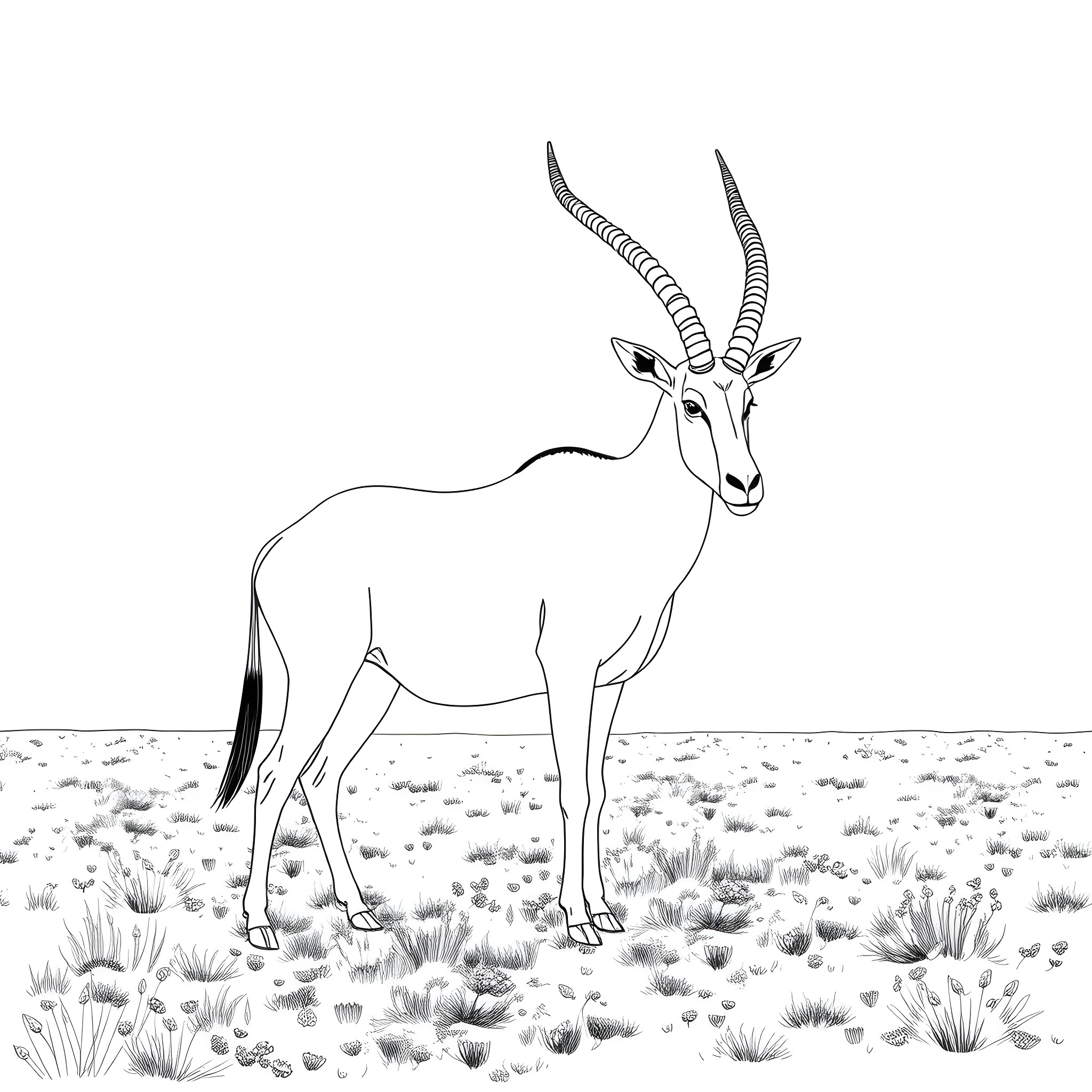 Oryx standing alert in the savanna Coloring Page (free black-and-white line drawing printable PDF for all, from beginners to advanced learners, including children, teens, adults, and seniors)