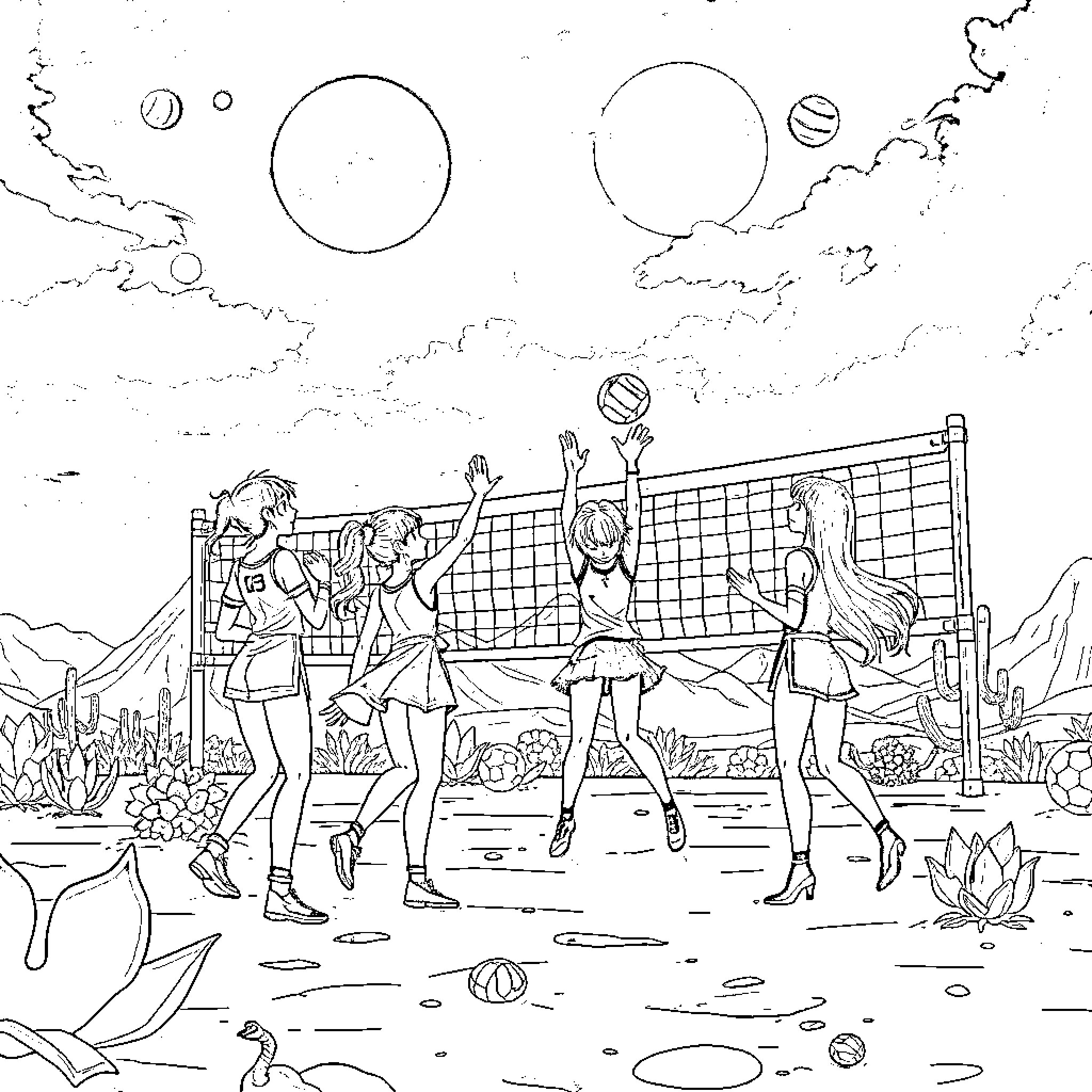 Anime Character Playing Beach Volleyball in Scenic Landscape Coloring Page (free black-and-white line drawing printable PDF for all, from beginners to advanced learners, including children, teens, adults, and seniors)