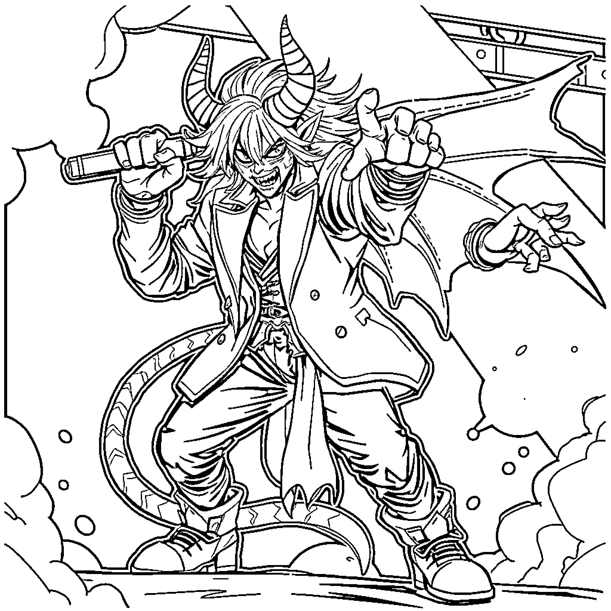 Kpop character in dynamic action pose Coloring Page (free black-and-white line drawing printable PDF for all, from beginners to advanced learners, including children, teens, adults, and seniors)