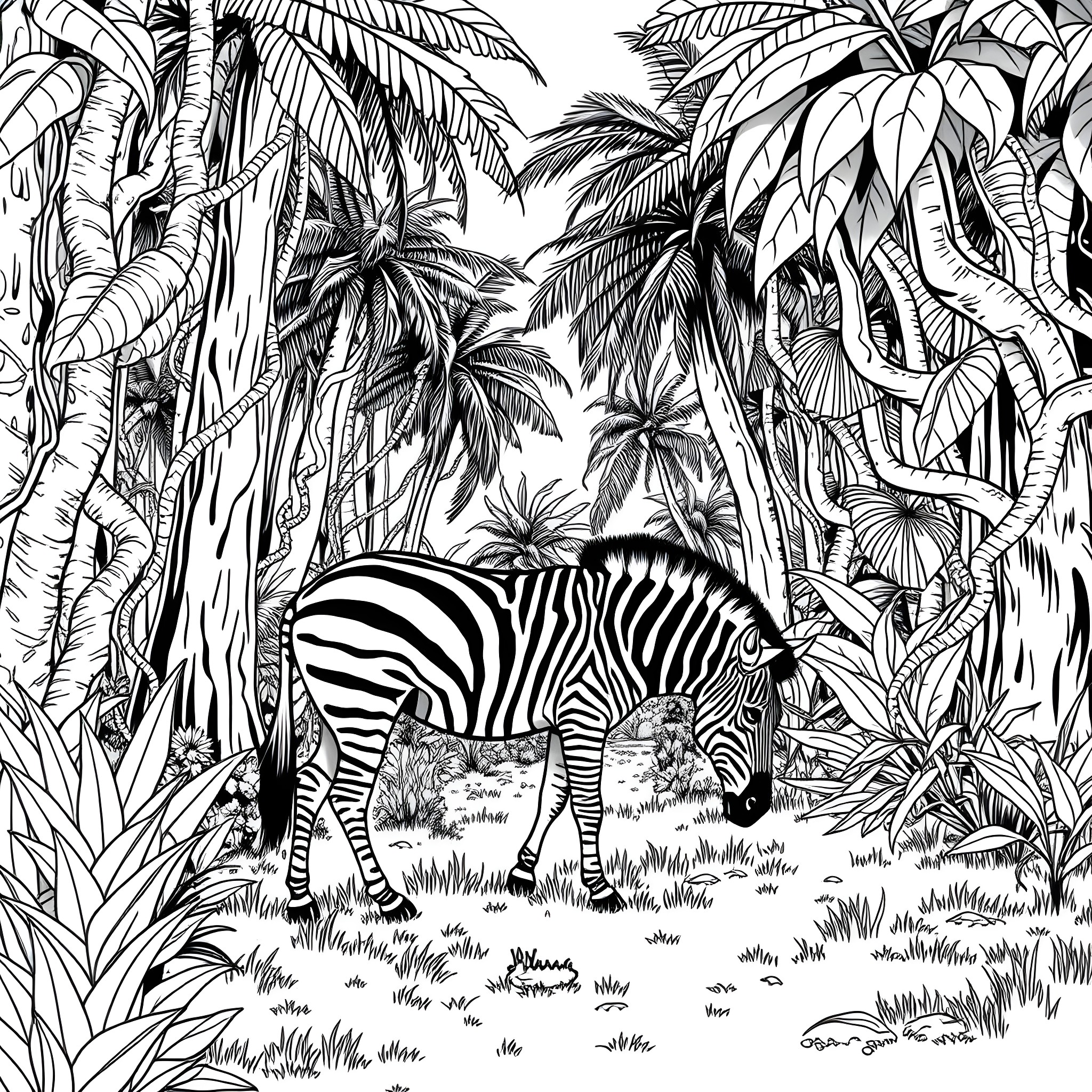 Zebra grazing in lush tropical jungle Coloring Page (free black-and-white line drawing printable PDF for all, from beginners to advanced learners, including children, teens, adults, and seniors)