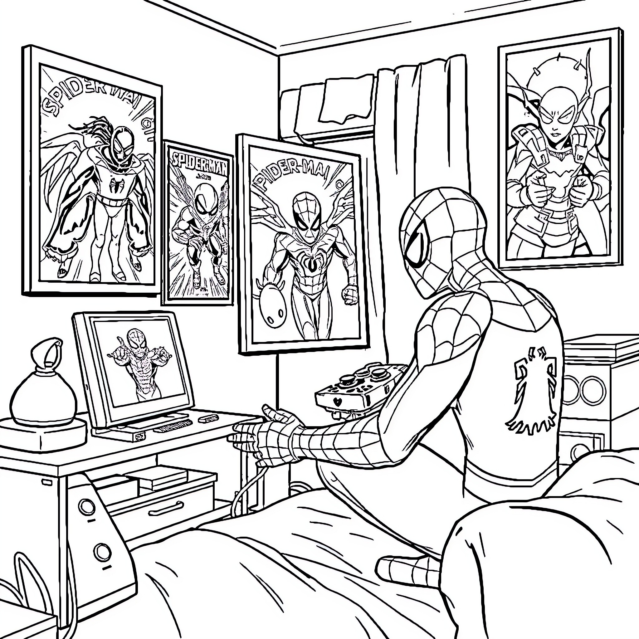 Spiderman enjoying video games in his room with superhero posters Coloring Page (free black-and-white line drawing printable PDF for all, from beginners to advanced learners, including children, teens, adults, and seniors)