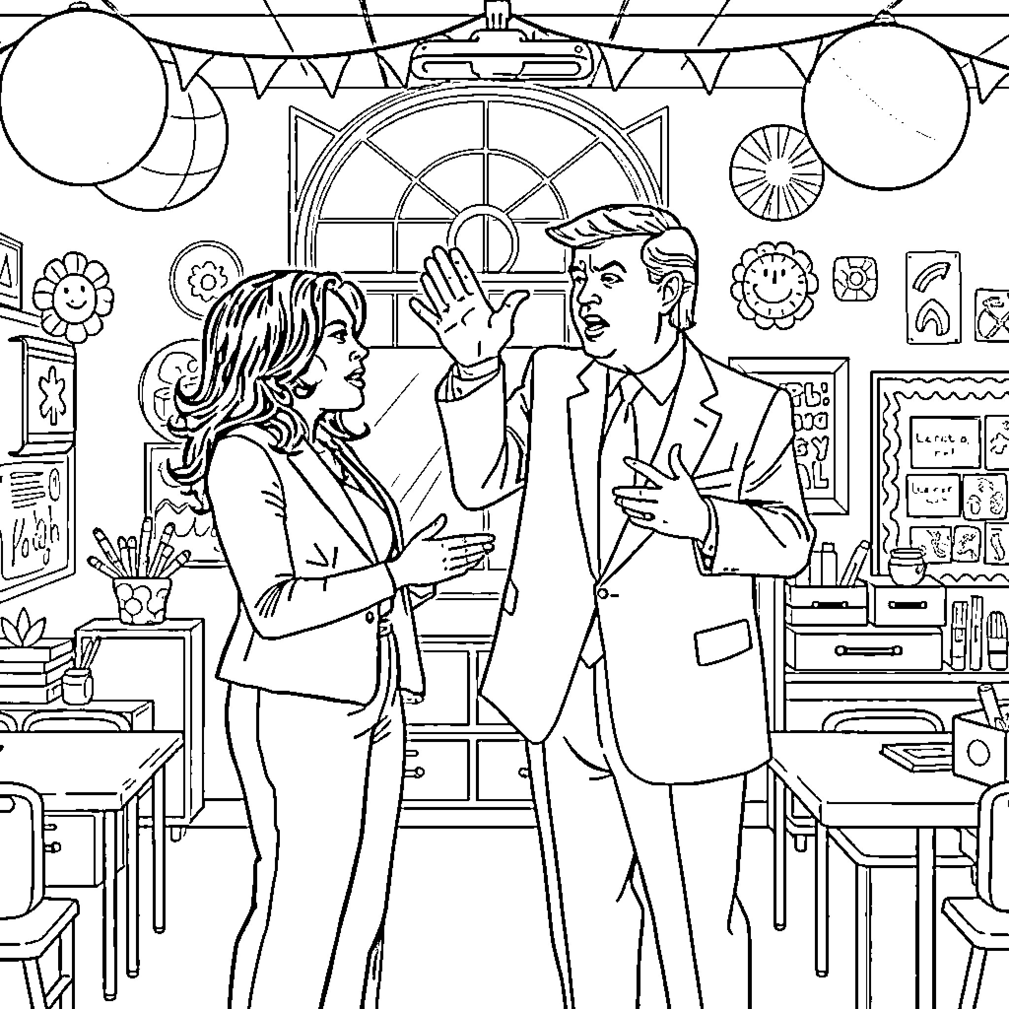 Kamala Harris discussing matters with a colleague in an office setting Coloring Page (free black-and-white line drawing printable PDF for all, from beginners to advanced learners, including children, teens, adults, and seniors)
