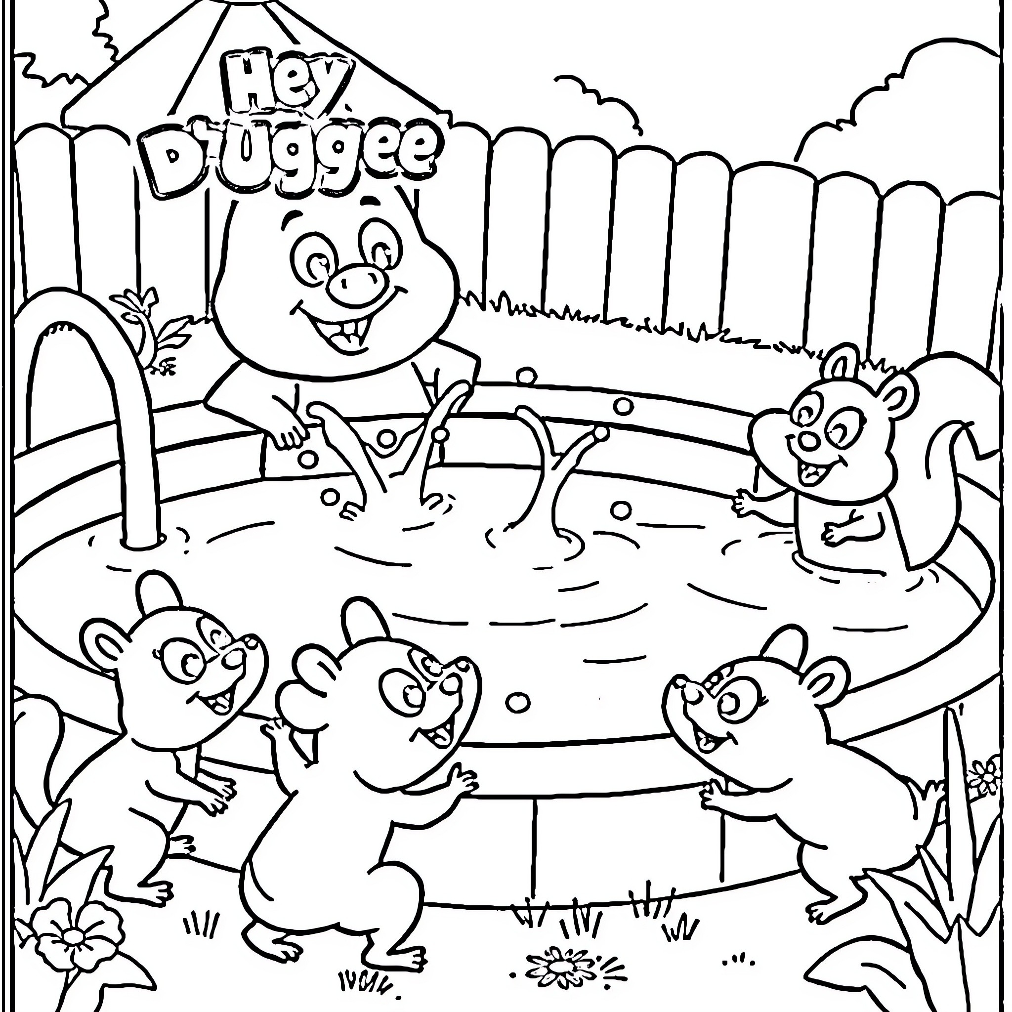 Duggee and friends having fun in the garden Coloring Page (free black-and-white line drawing printable PDF for all, from beginners to advanced learners, including children, teens, adults, and seniors)
