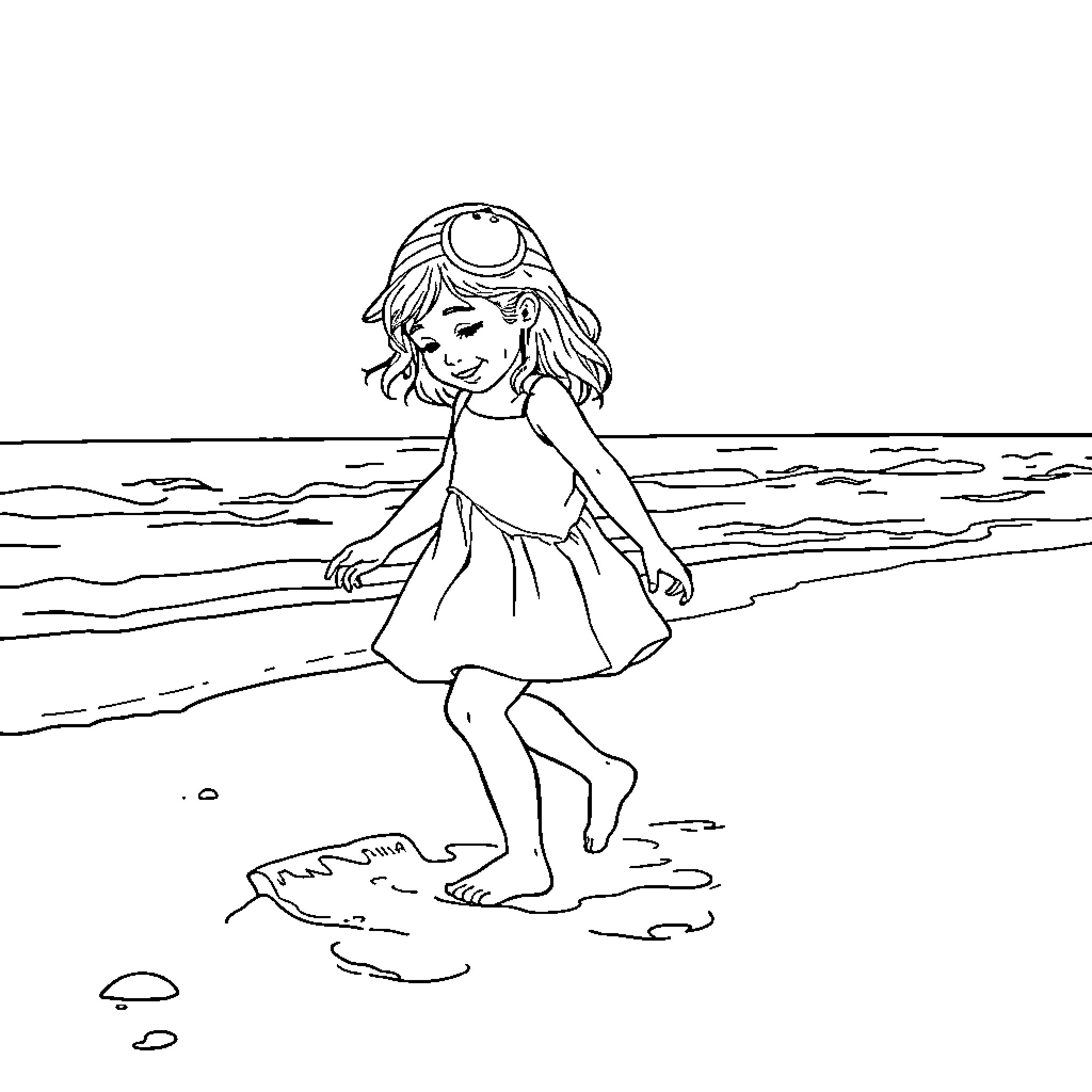 Girl exploring the beach with curious gaze Coloring Page (free black-and-white line drawing printable PDF for all, from beginners to advanced learners, including children, teens, adults, and seniors)