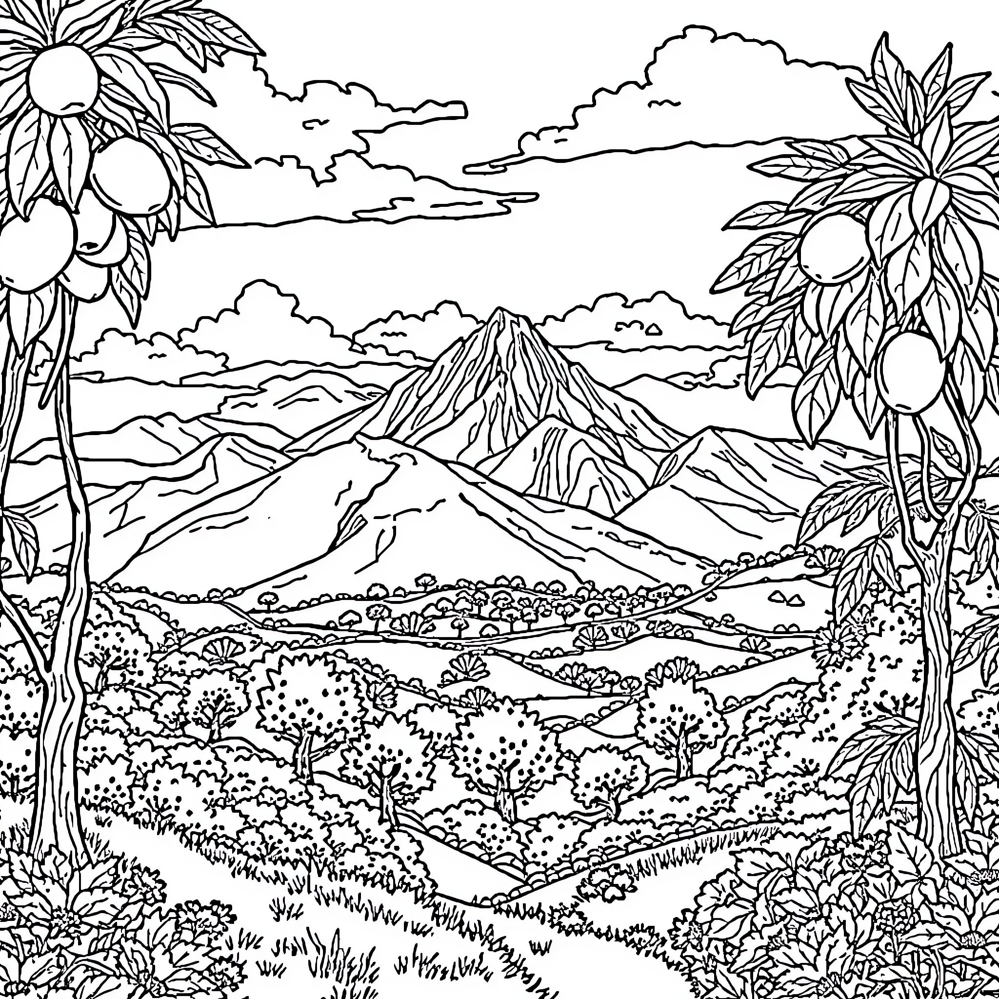 Zacatlan's Scenic Mountain Landscape Coloring Page (free black-and-white line drawing printable PDF for all, from beginners to advanced learners, including children, teens, adults, and seniors)
