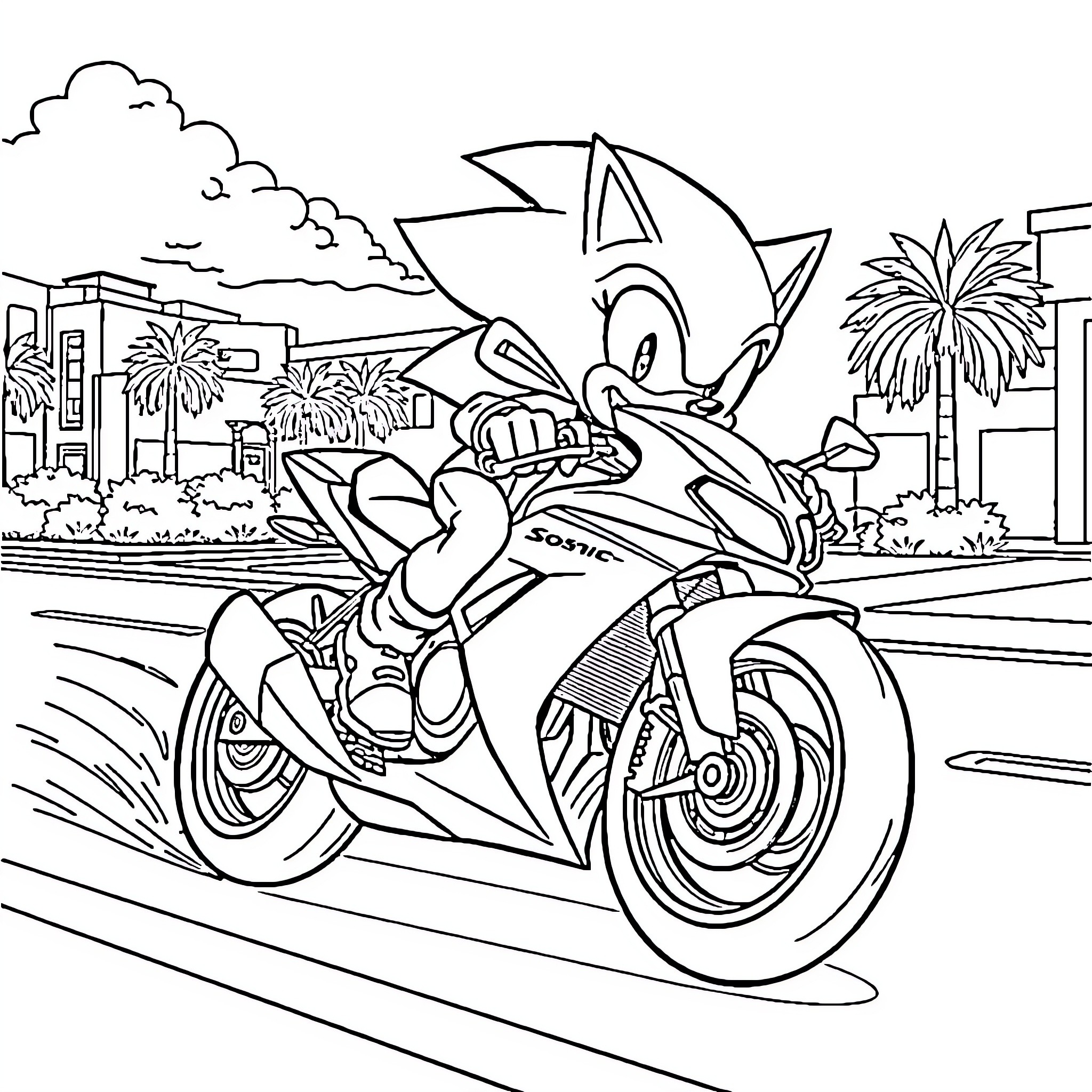 Sonic speeding on a motorcycle through the city Coloring Page (free black-and-white line drawing printable PDF for all, from beginners to advanced learners, including children, teens, adults, and seniors)