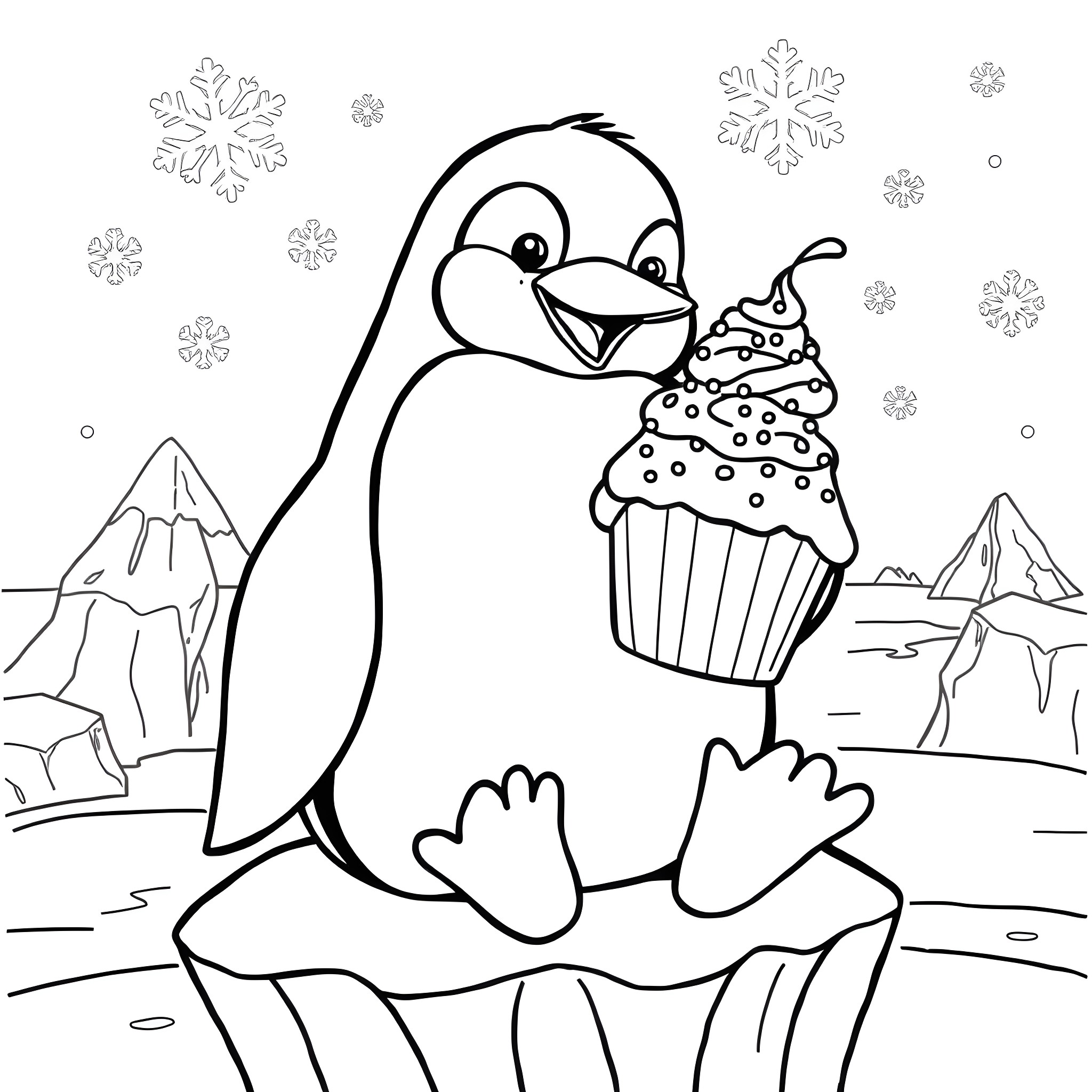 Penguin holding a cupcake in a winter wonderland Coloring Page (free black-and-white line drawing printable PDF for all, from beginners to advanced learners, including children, teens, adults, and seniors)