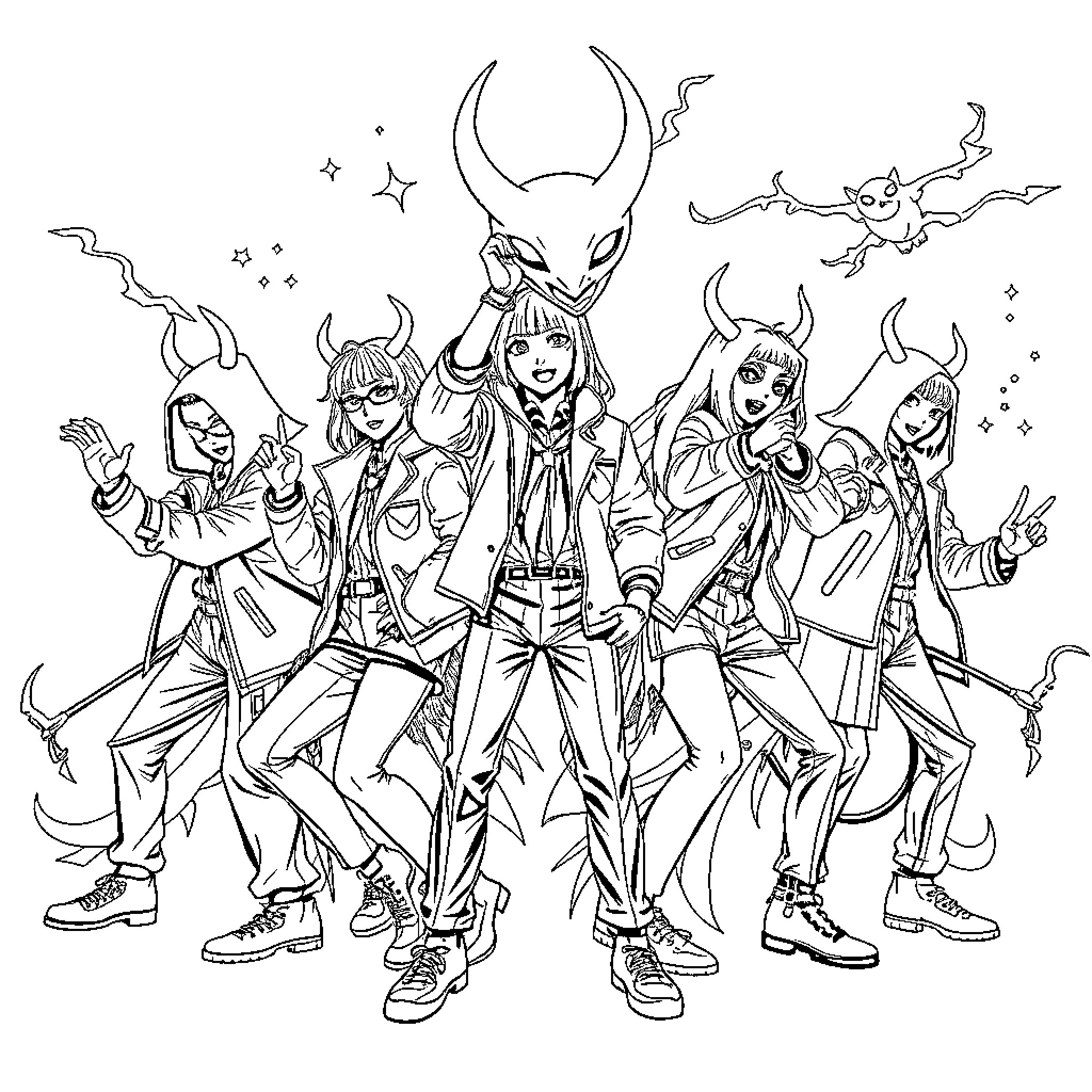 Demon Hunter Group Posing in Stylish Outfits Coloring Page (free black-and-white line drawing printable PDF for all, from beginners to advanced learners, including children, teens, adults, and seniors)