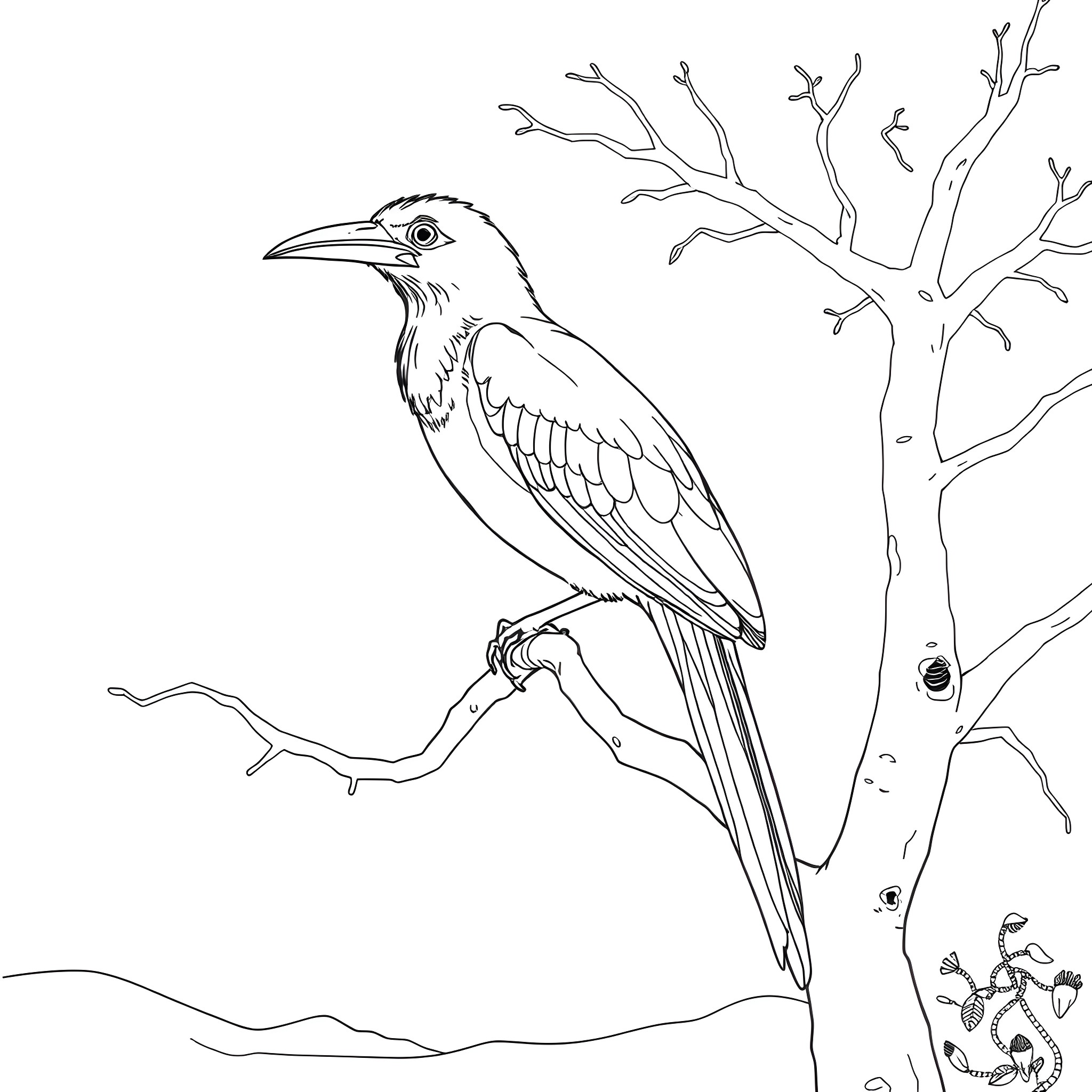 Aulacorhynchus perched on a branch Coloring Page (free black-and-white line drawing printable PDF for all, from beginners to advanced learners, including children, teens, adults, and seniors)