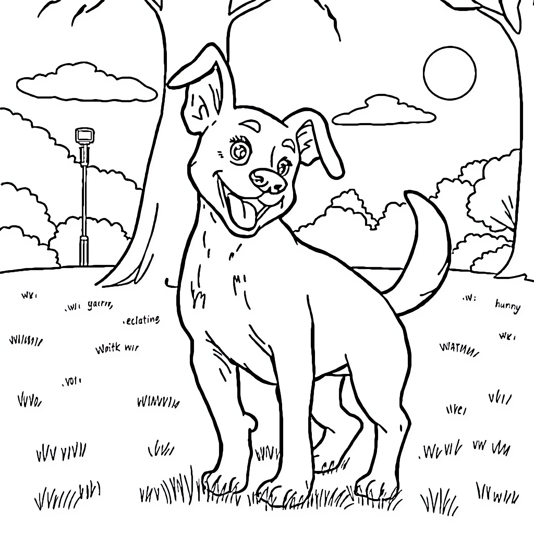 Dog Enjoying Outdoor Adventure Coloring Page (free black-and-white line drawing printable PDF for all, from beginners to advanced learners, including children, teens, adults, and seniors)