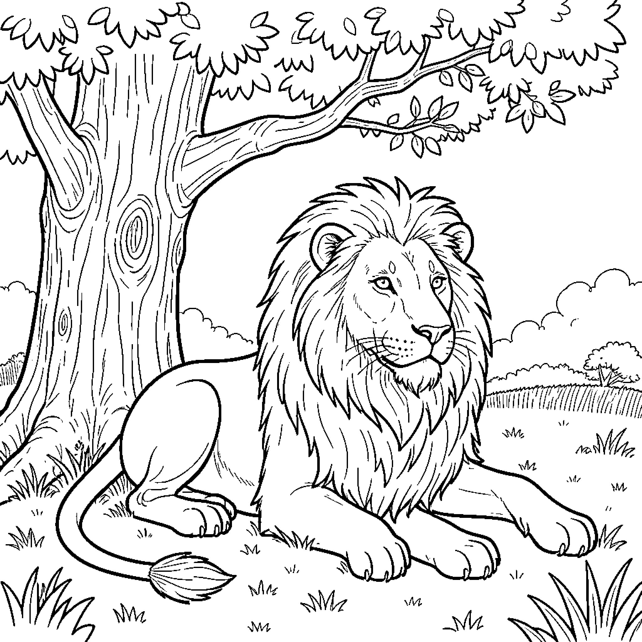 Lion resting peacefully in the forest Coloring Page (free black-and-white line drawing printable PDF for all, from beginners to advanced learners, including children, teens, adults, and seniors)