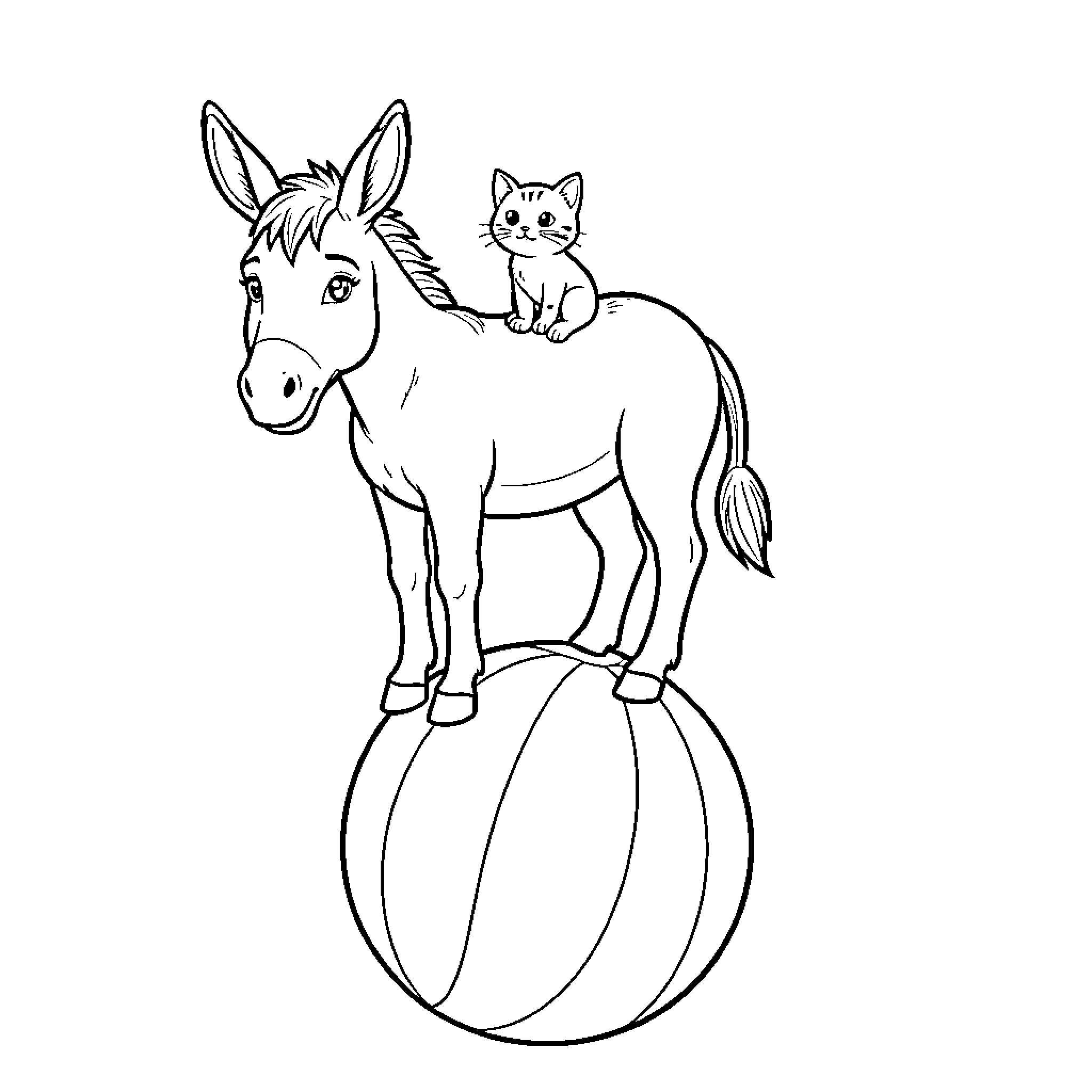 Cat riding on playful donkey Coloring Page (free black-and-white line drawing printable PDF for all, from beginners to advanced learners, including children, teens, adults, and seniors)