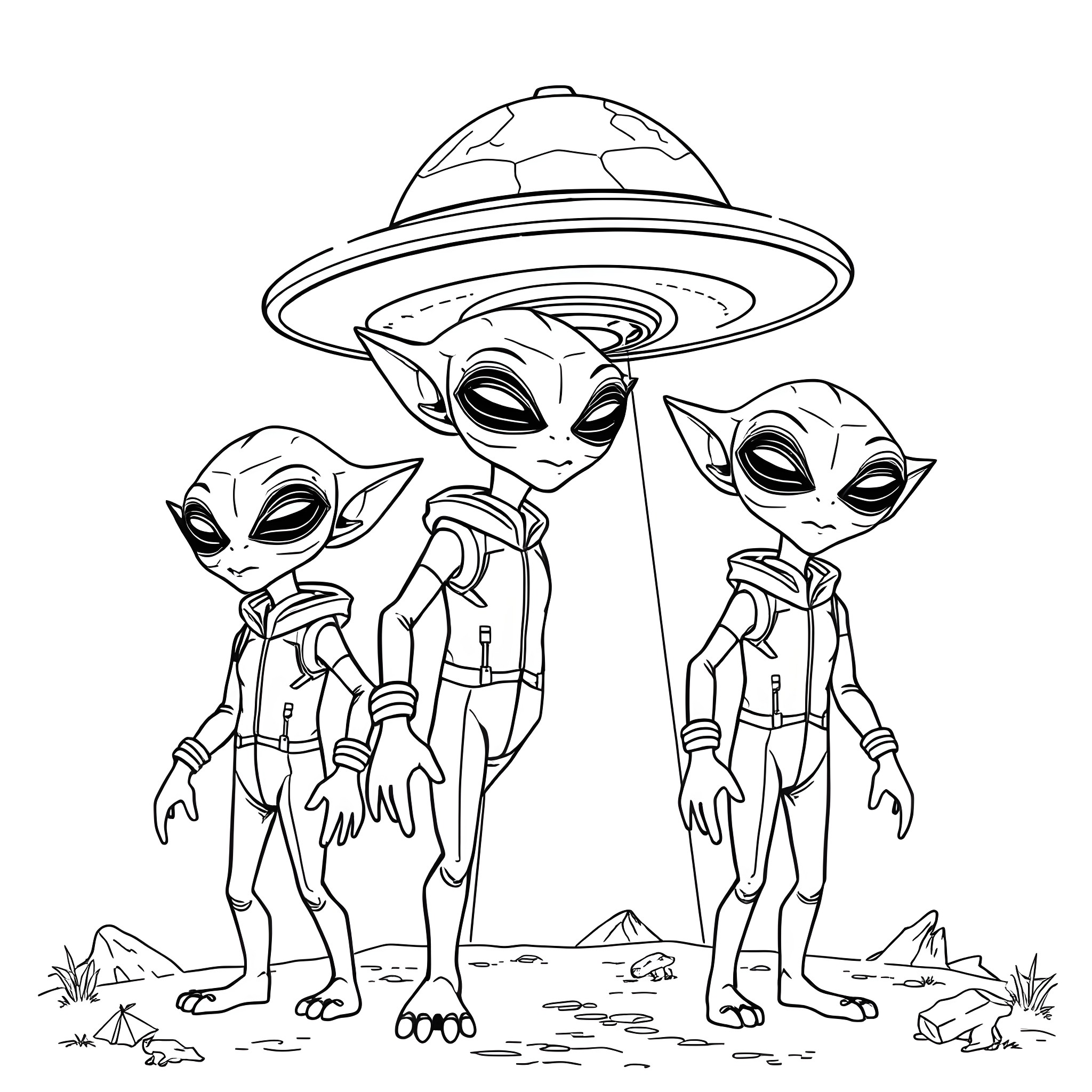 Alien Explorers in Spacecraft Landing on Distant Planet Coloring Page (free black-and-white line drawing printable PDF for all, from beginners to advanced learners, including children, teens, adults, and seniors)