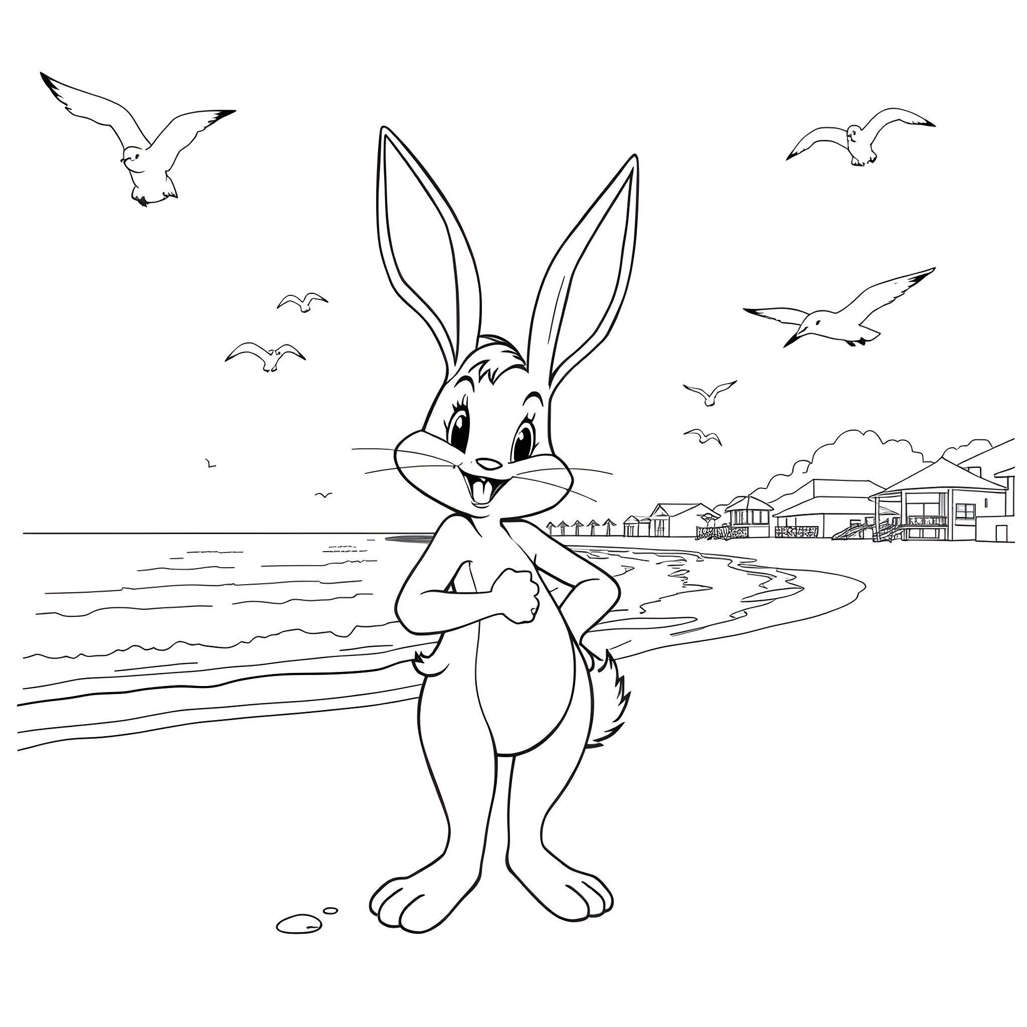Lola Bunny enjoying the beach scenery Coloring Page (free black-and-white line drawing printable PDF for all, from beginners to advanced learners, including children, teens, adults, and seniors)