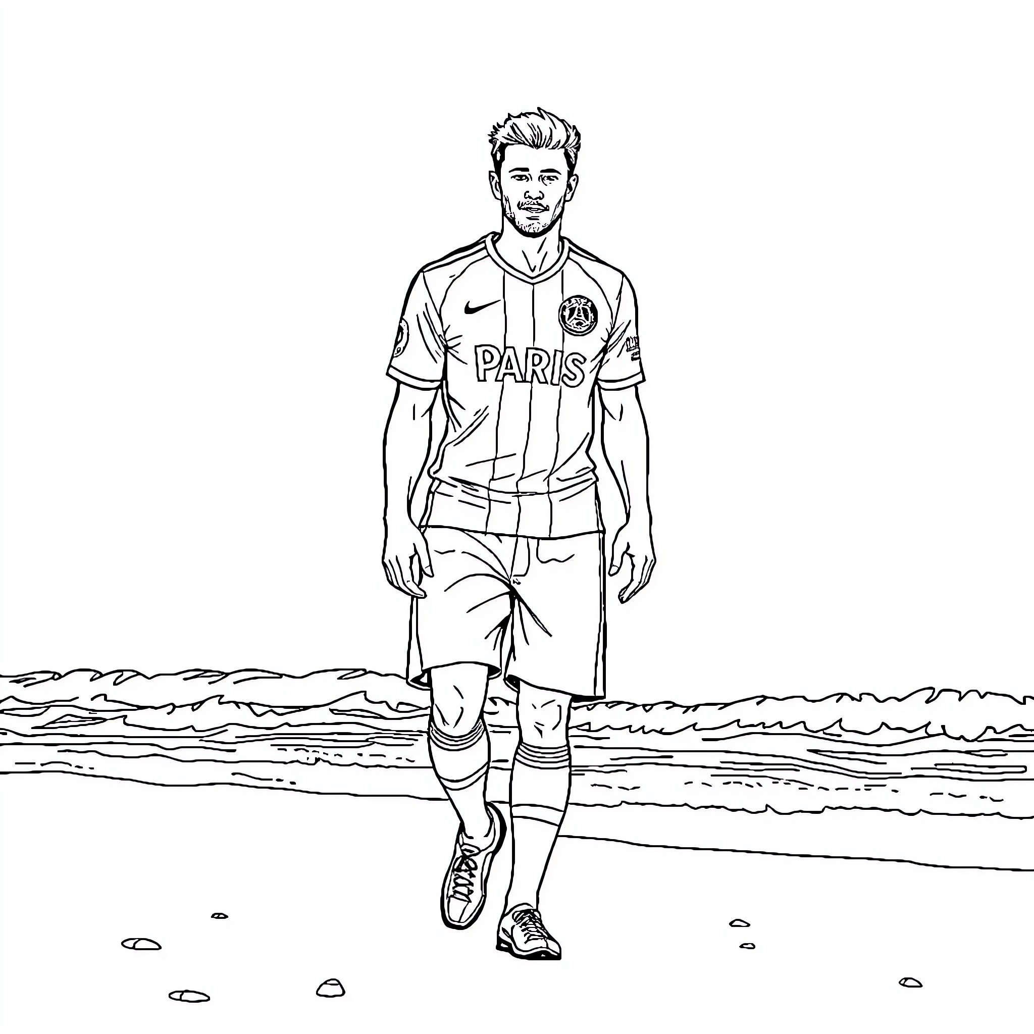 PSG Player Walking on the Beach Coloring Page (free black-and-white line drawing printable PDF for all, from beginners to advanced learners, including children, teens, adults, and seniors)