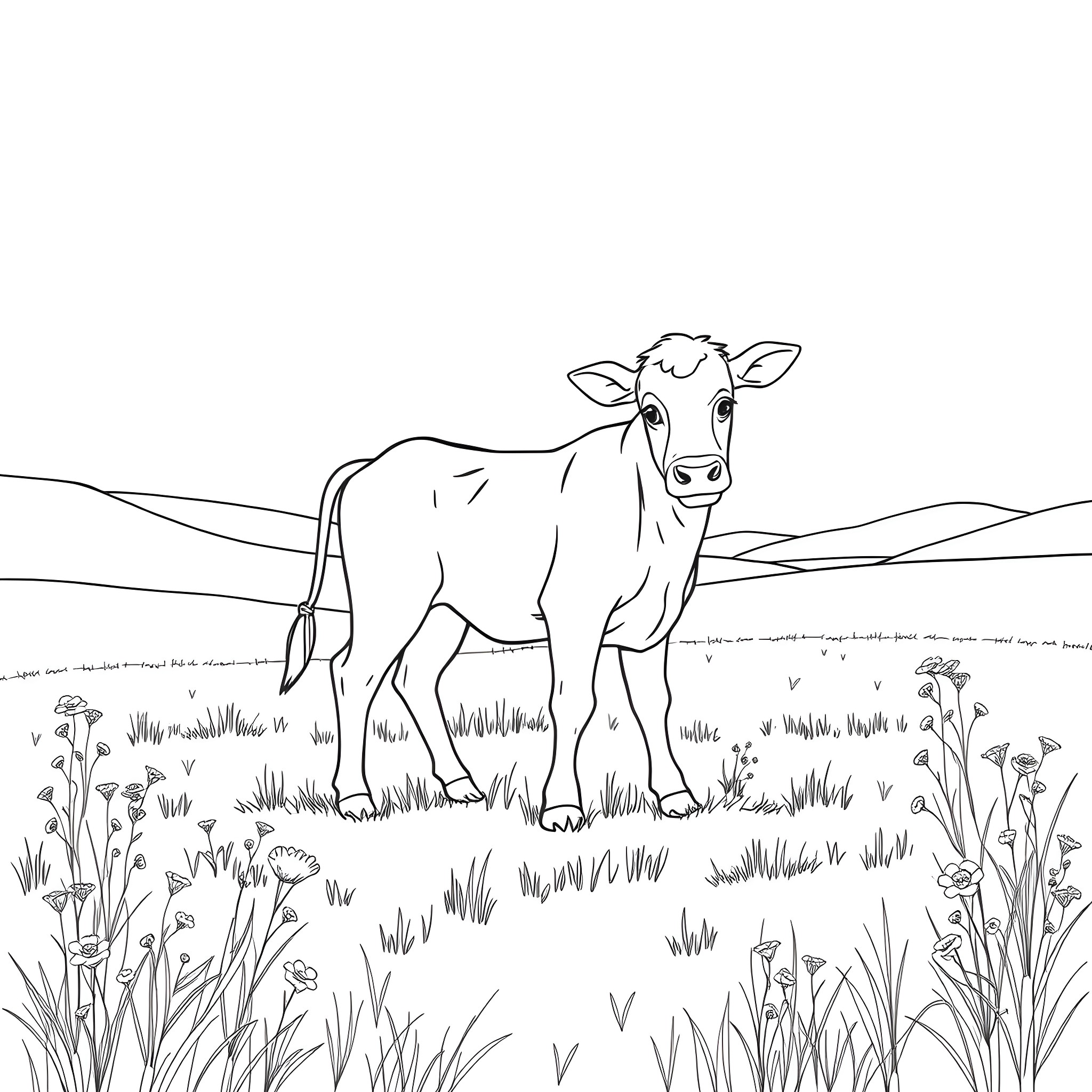 Calf standing in a grassy field Coloring Page (free black-and-white line drawing printable PDF for all, from beginners to advanced learners, including children, teens, adults, and seniors)