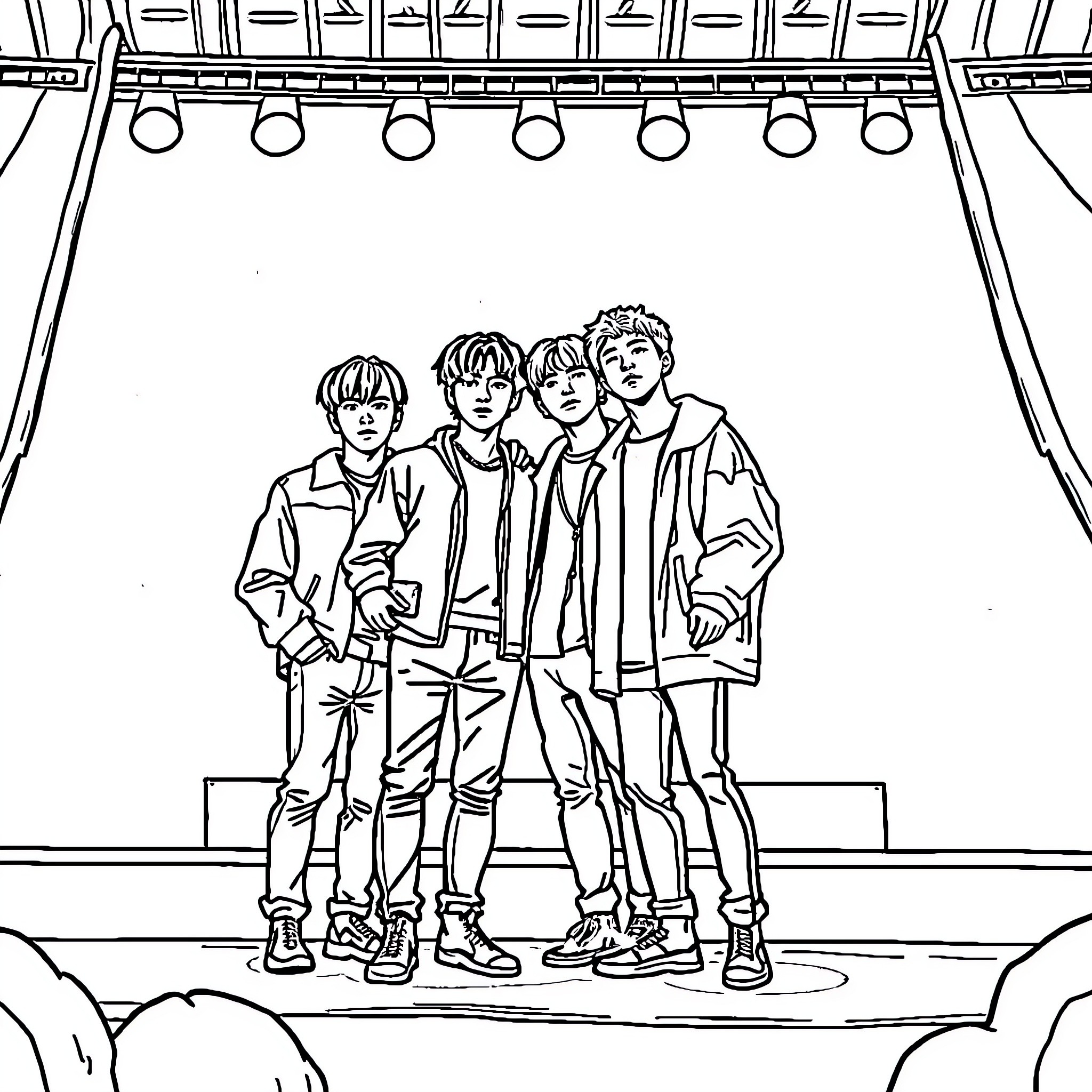 BTS and Justin Bieber on stage together Coloring Page (free black-and-white line drawing printable PDF for all, from beginners to advanced learners, including children, teens, adults, and seniors)