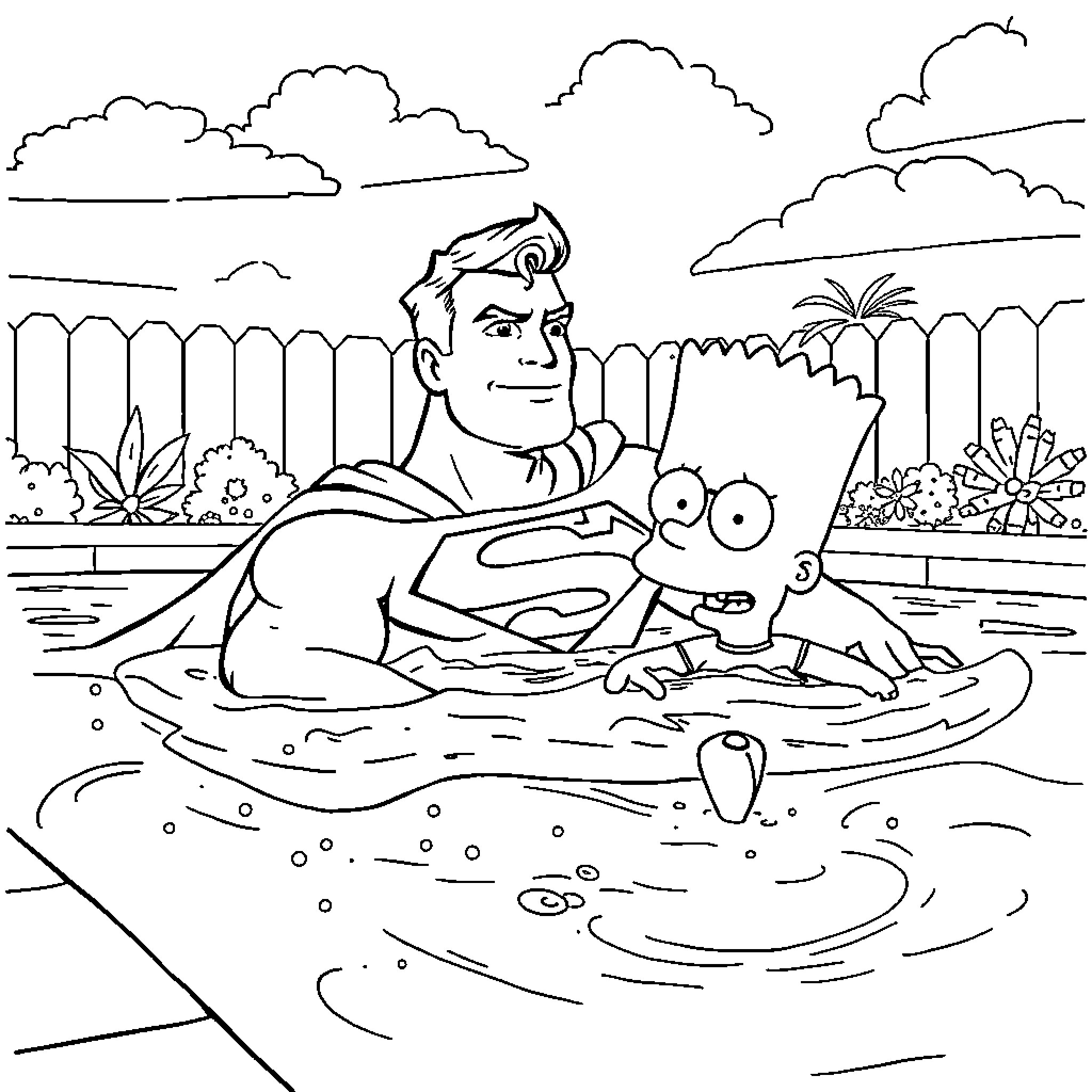 Superman relaxing with pet in backyard pool Coloring Page (free black-and-white line drawing printable PDF for all, from beginners to advanced learners, including children, teens, adults, and seniors)