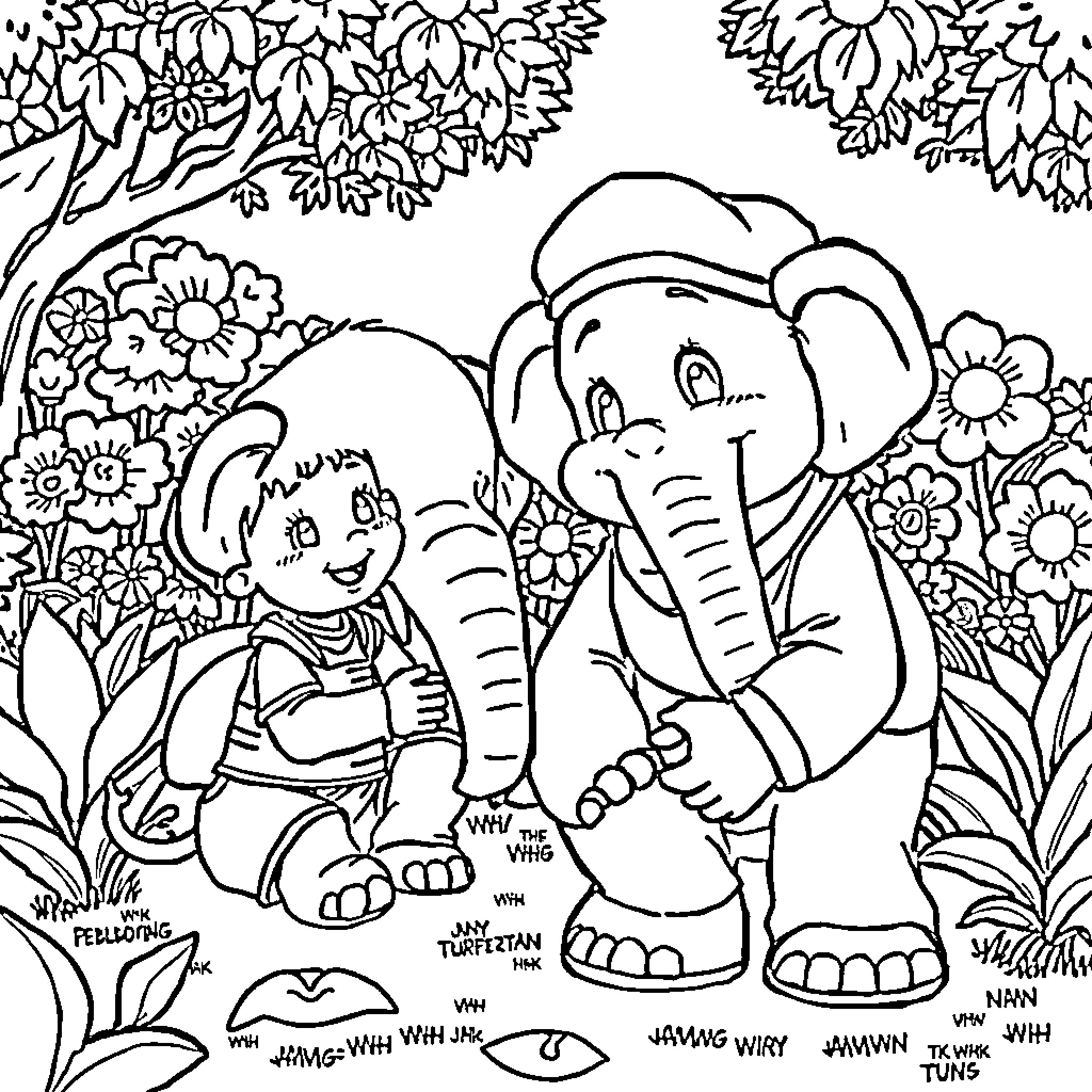 Gajah and child playing happily in the garden Coloring Page (free black-and-white line drawing printable PDF for all, from beginners to advanced learners, including children, teens, adults, and seniors)