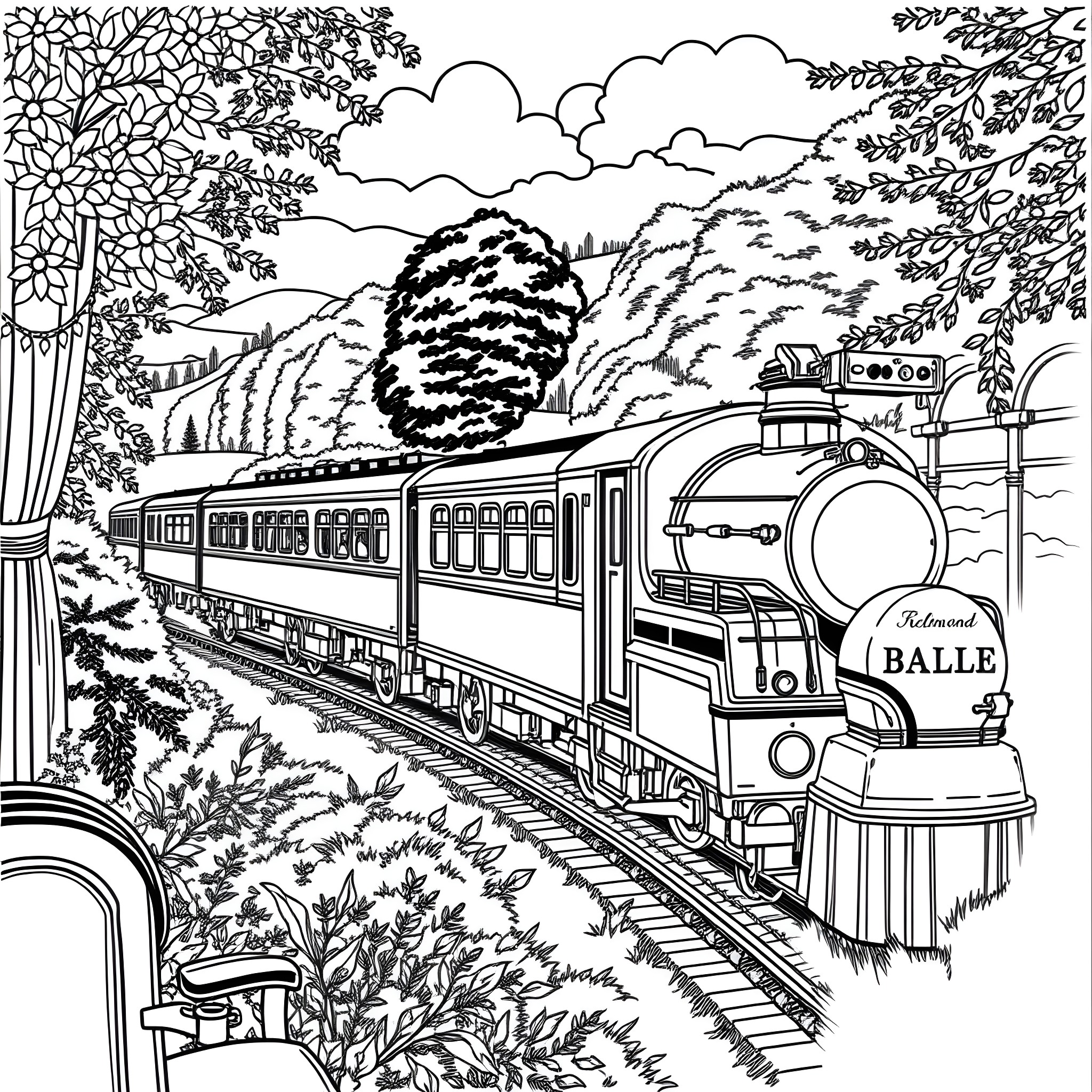 Belmond Northern Belle Train Passing Through Scenic Countryside Coloring Page (free black-and-white line drawing printable PDF for all, from beginners to advanced learners, including children, teens, adults, and seniors)