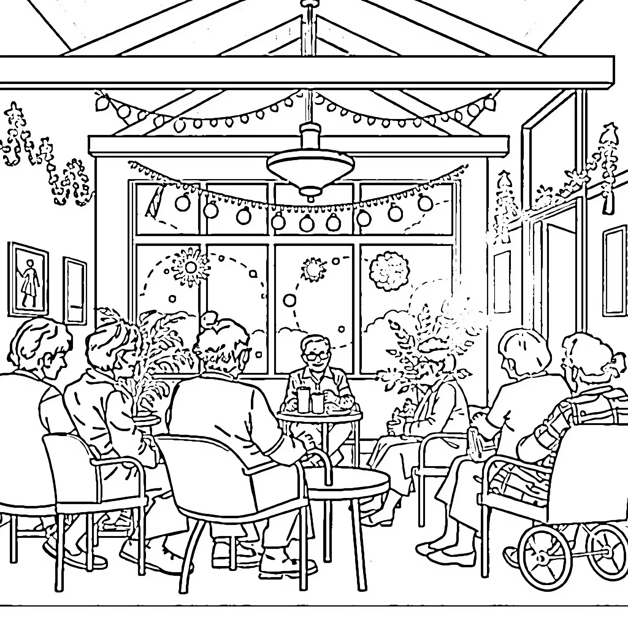 Person enjoying social gathering in decorated venue Coloring Page (free black-and-white line drawing printable PDF for all, from beginners to advanced learners, including children, teens, adults, and seniors)