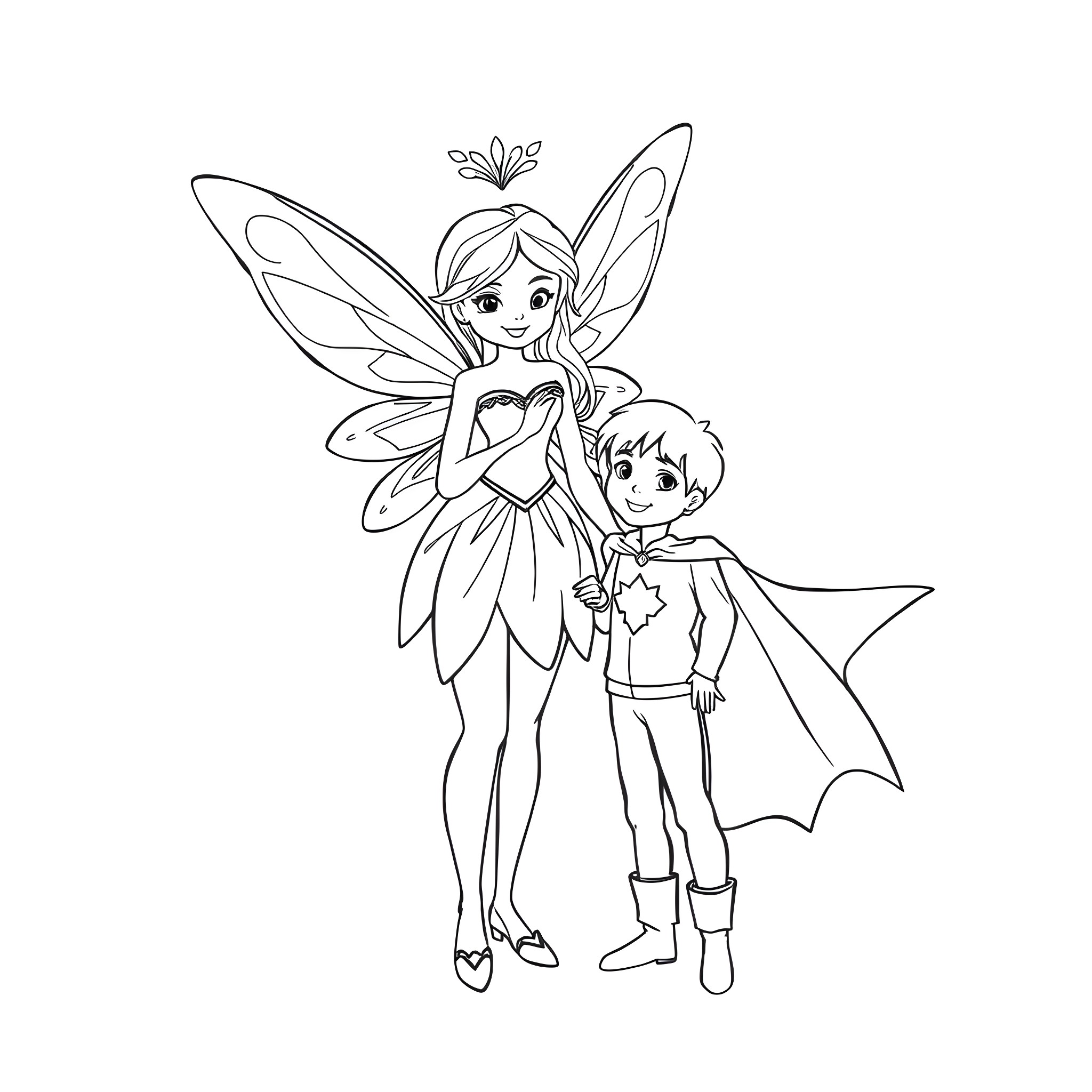 Fairy and young boy in fantasy adventure Coloring Page (free black-and-white line drawing printable PDF for all, from beginners to advanced learners, including children, teens, adults, and seniors)