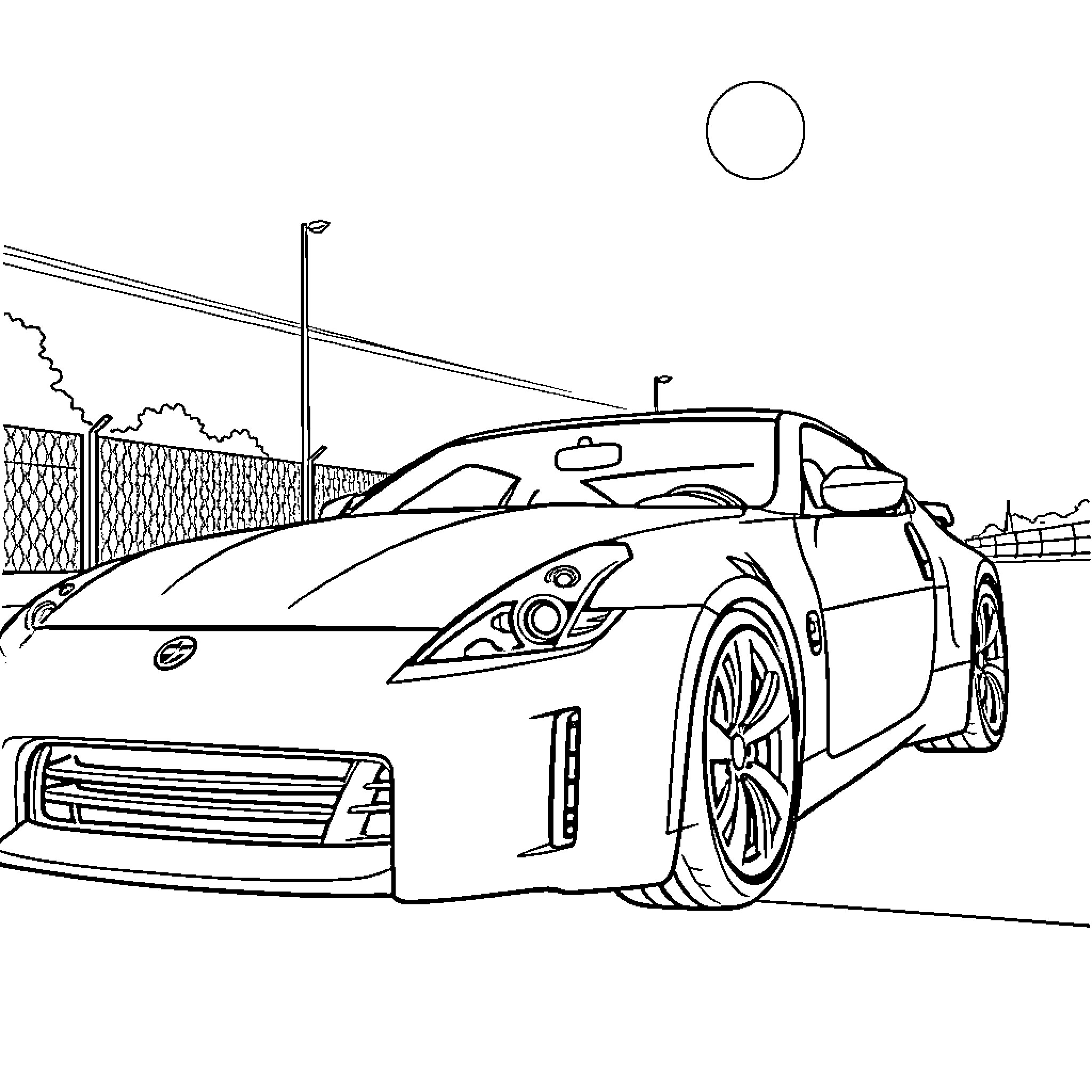 350z sports car on the road Coloring Page (free black-and-white line drawing printable PDF for all, from beginners to advanced learners, including children, teens, adults, and seniors)