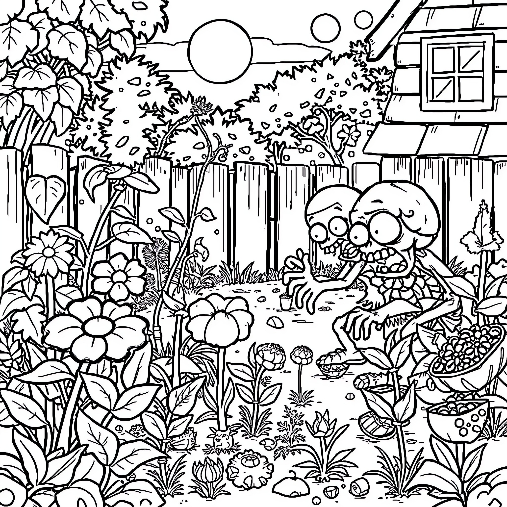 Plants vs. Zombies: Whimsical Garden Battle Coloring Page (free black-and-white line drawing printable PDF for all, from beginners to advanced learners, including children, teens, adults, and seniors)