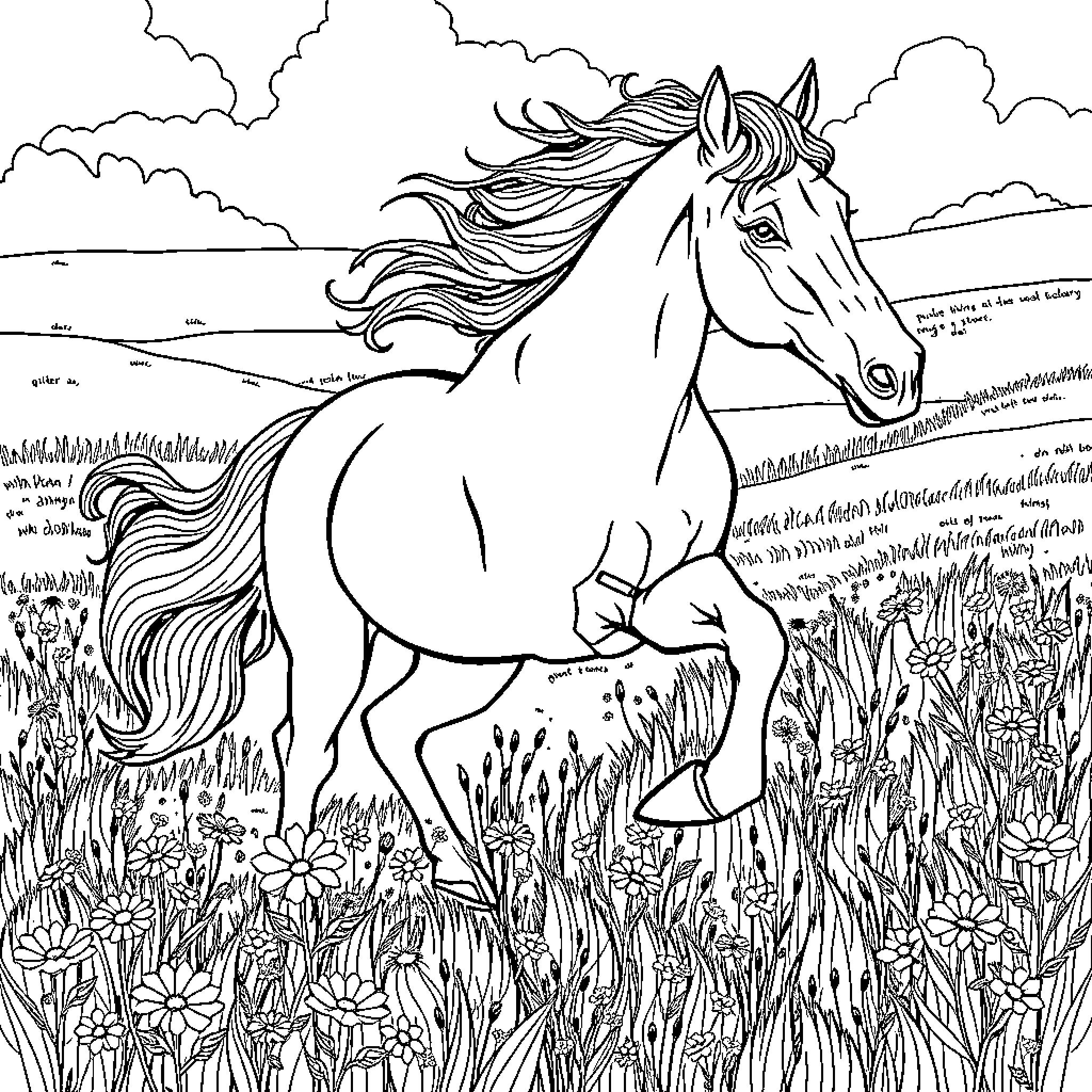 Horse galloping through lush meadow Coloring Page (free black-and-white line drawing printable PDF for all, from beginners to advanced learners, including children, teens, adults, and seniors)