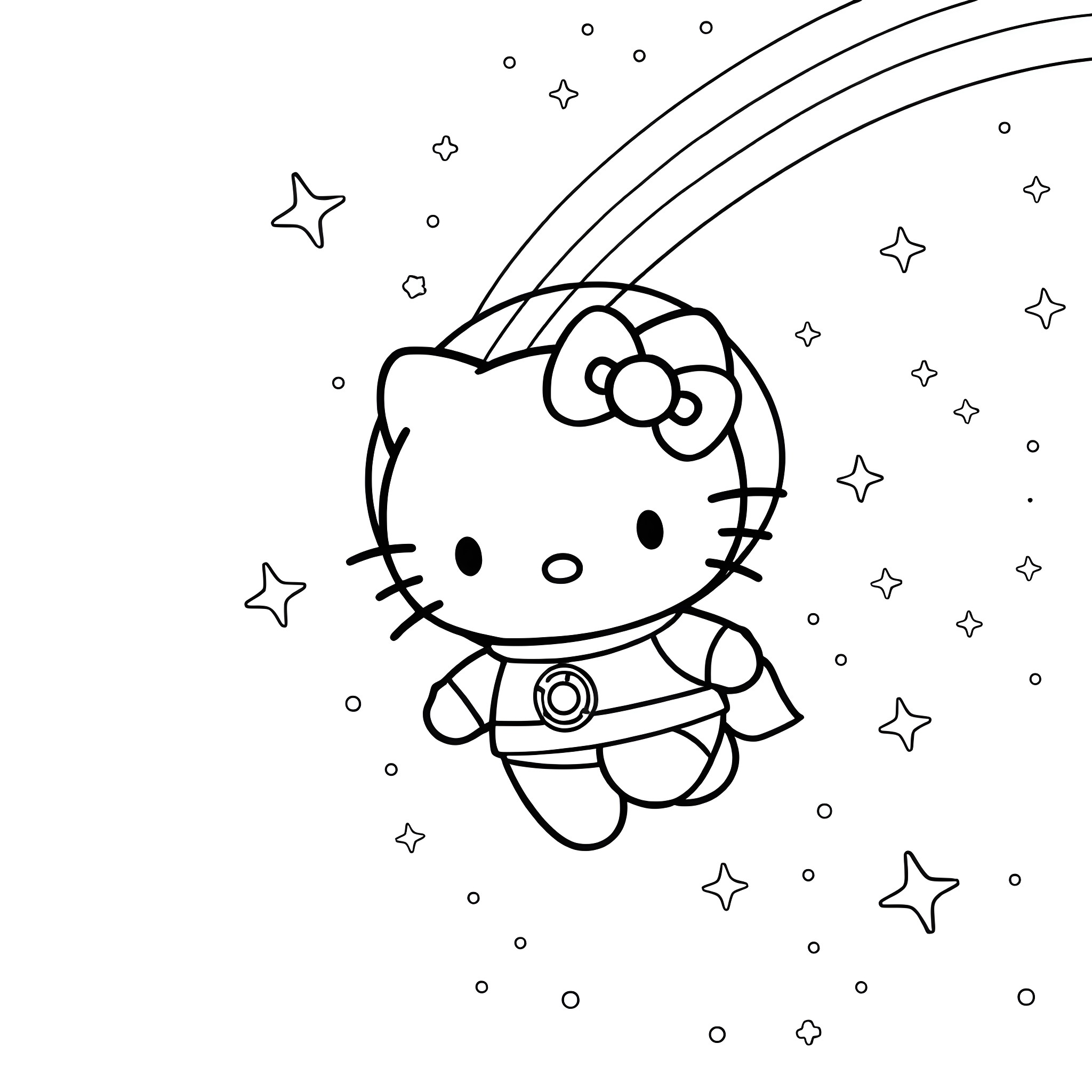 Hello Kitty soaring through the starry sky Coloring Page (free black-and-white line drawing printable PDF for all, from beginners to advanced learners, including children, teens, adults, and seniors)