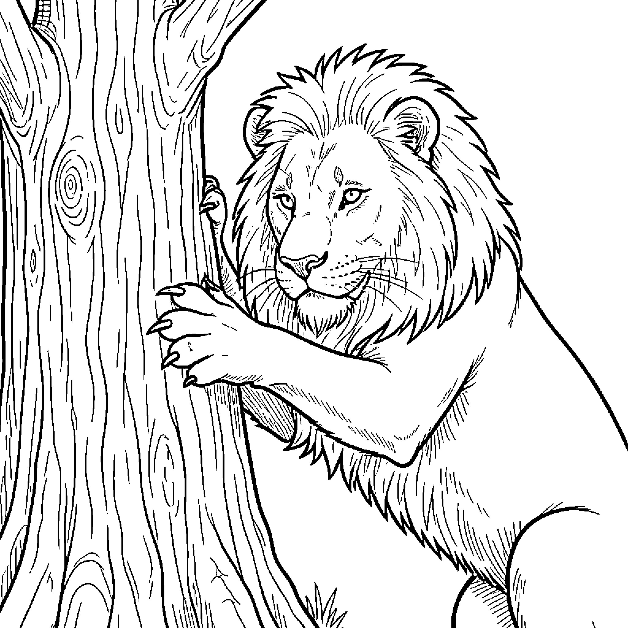 Lion peering out from behind a tree trunk Coloring Page (free black-and-white line drawing printable PDF for all, from beginners to advanced learners, including children, teens, adults, and seniors)