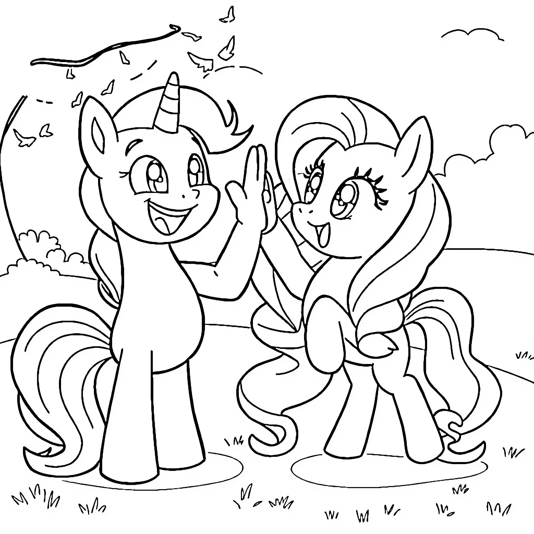 Bluey and friends playing in the field Coloring Page (free black-and-white line drawing printable PDF for all, from beginners to advanced learners, including children, teens, adults, and seniors)