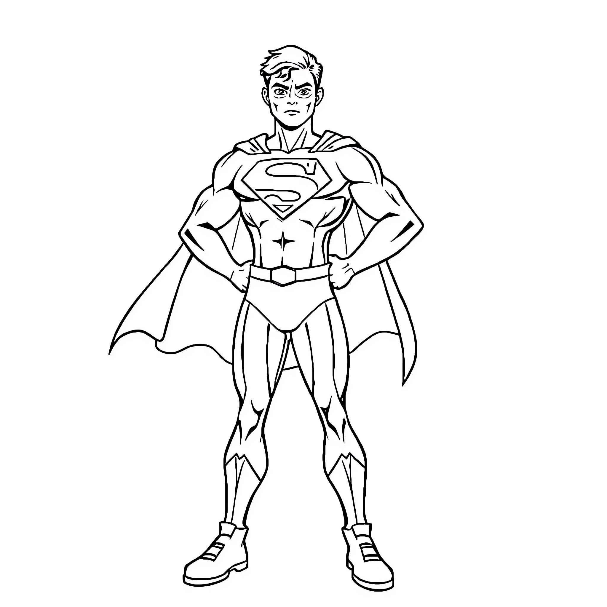 Superhero with muscular build and heroic stance Coloring Page (free black-and-white line drawing printable PDF for all, from beginners to advanced learners, including children, teens, adults, and seniors)