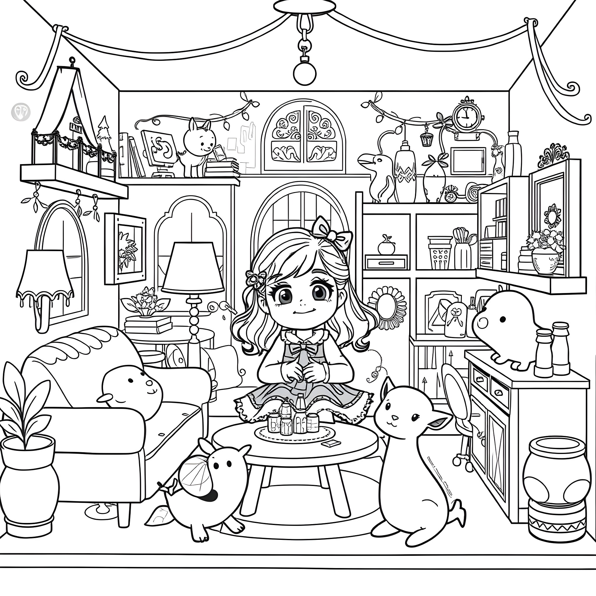 Gabby's Cozy and Whimsical Bedroom Adventure Coloring Page (free black-and-white line drawing printable PDF for all, from beginners to advanced learners, including children, teens, adults, and seniors)