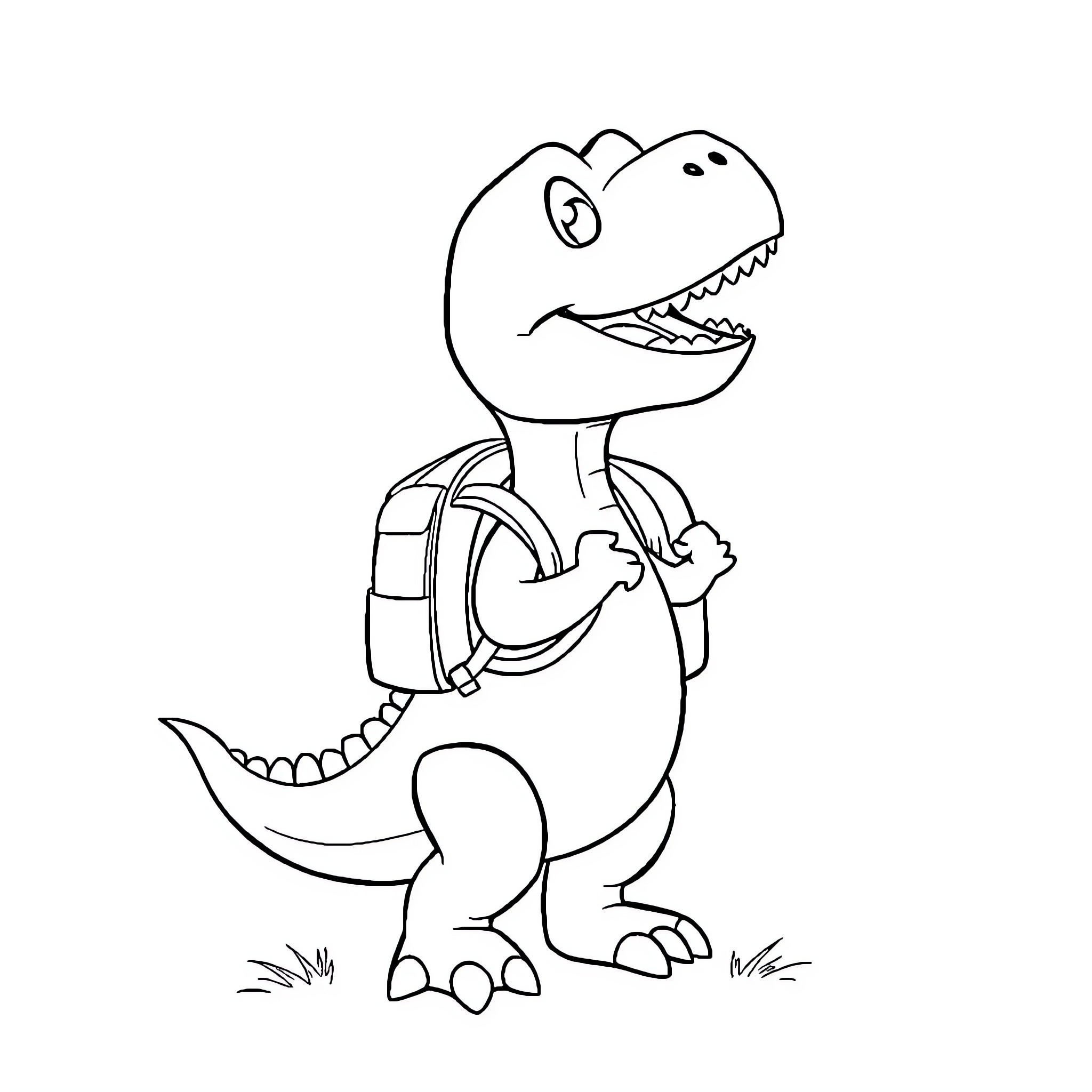Dino adventurer with backpack exploring the wild Coloring Page (free black-and-white line drawing printable PDF for all, from beginners to advanced learners, including children, teens, adults, and seniors)