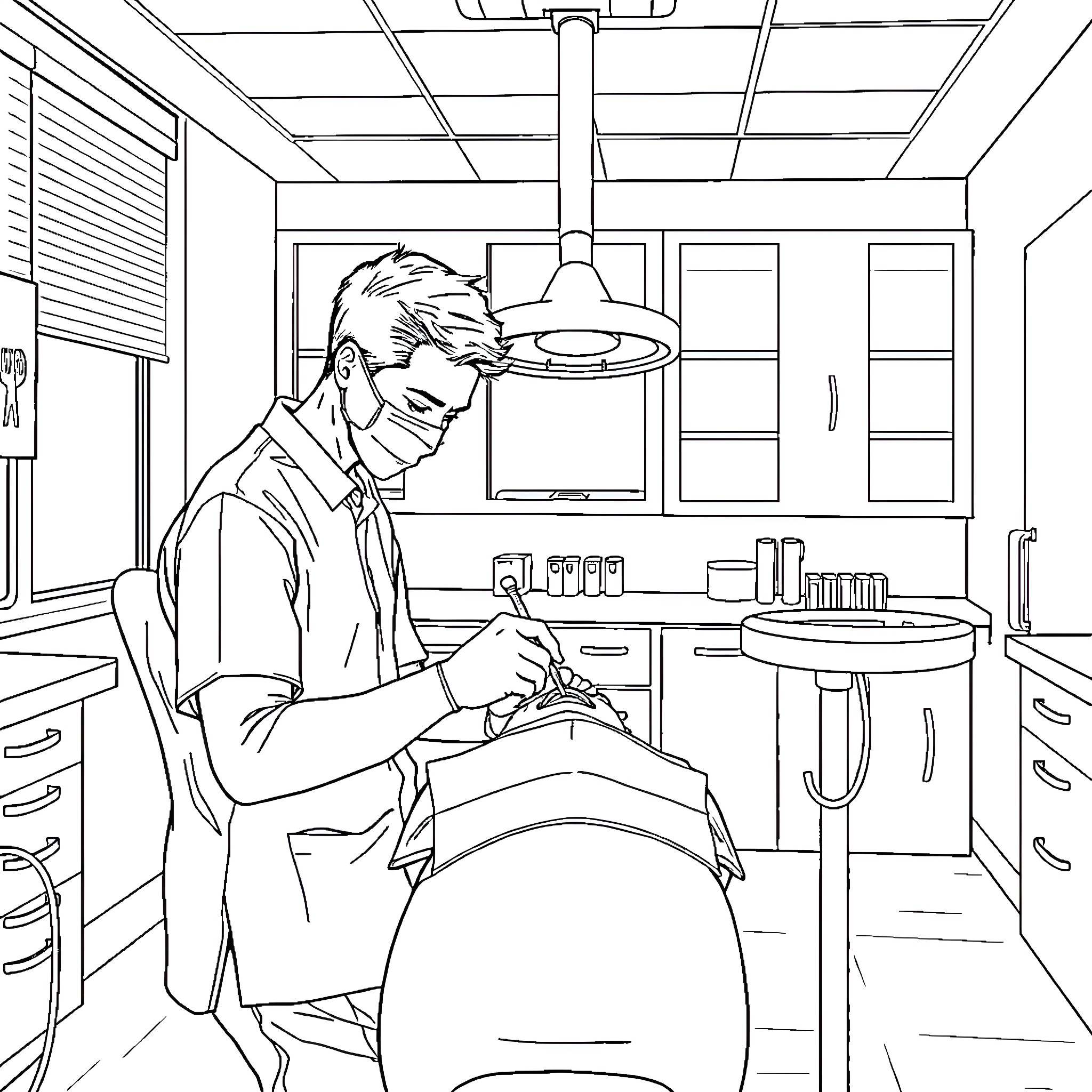 Dental Student Examining a Patient in a Clinic Setting Coloring Page (free black-and-white line drawing printable PDF for all, from beginners to advanced learners, including children, teens, adults, and seniors)