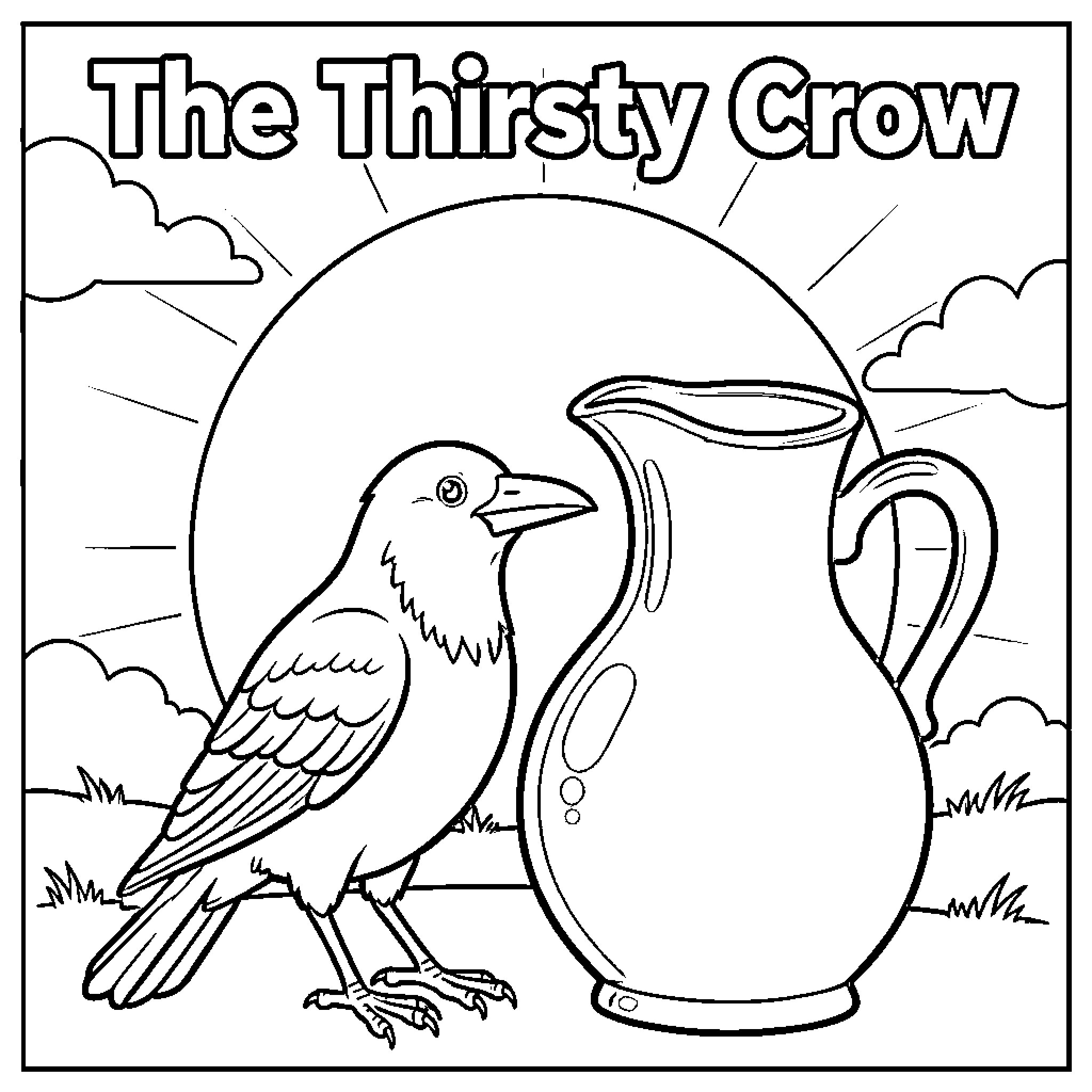Crow drinking from a pitcher on a sunny day Coloring Page (free black-and-white line drawing printable PDF for all, from beginners to advanced learners, including children, teens, adults, and seniors)