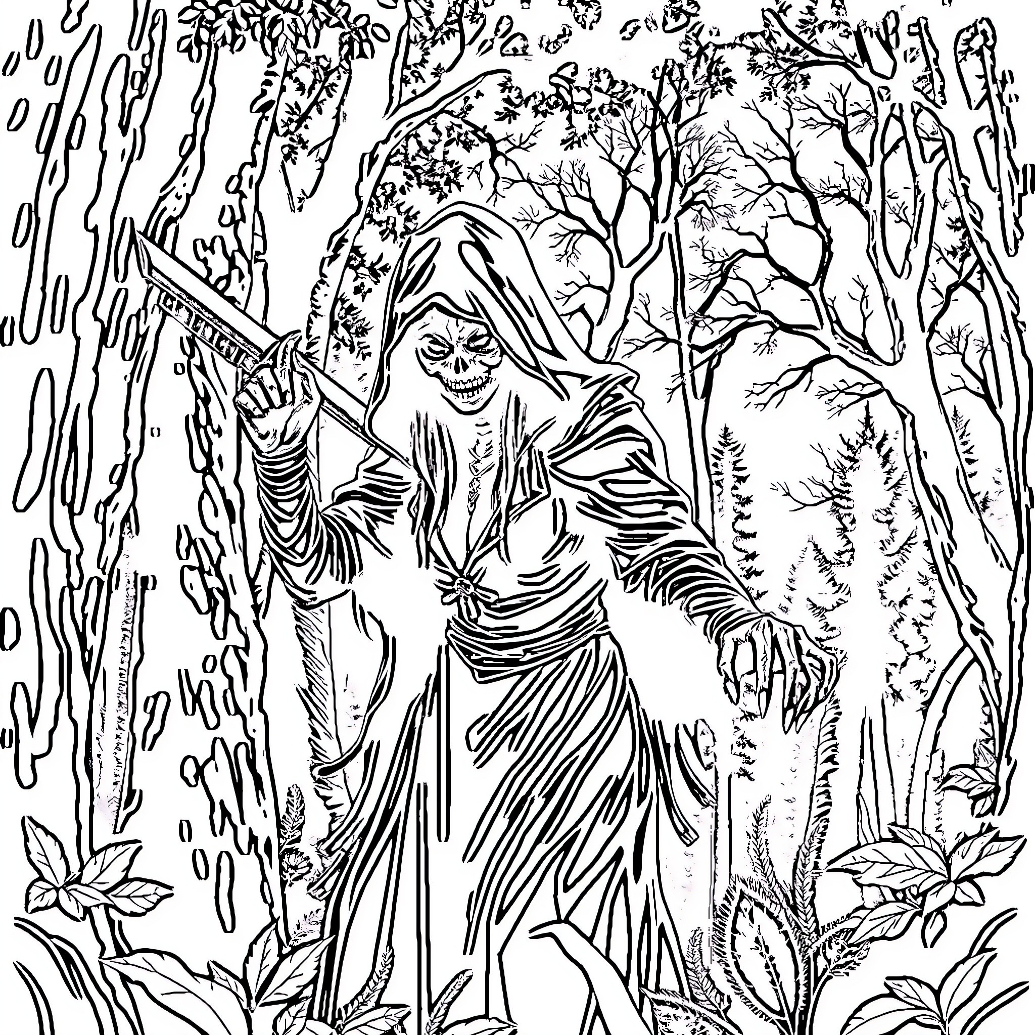 Huntress in the Enchanted Forest Coloring Page (free black-and-white line drawing printable PDF for all, from beginners to advanced learners, including children, teens, adults, and seniors)