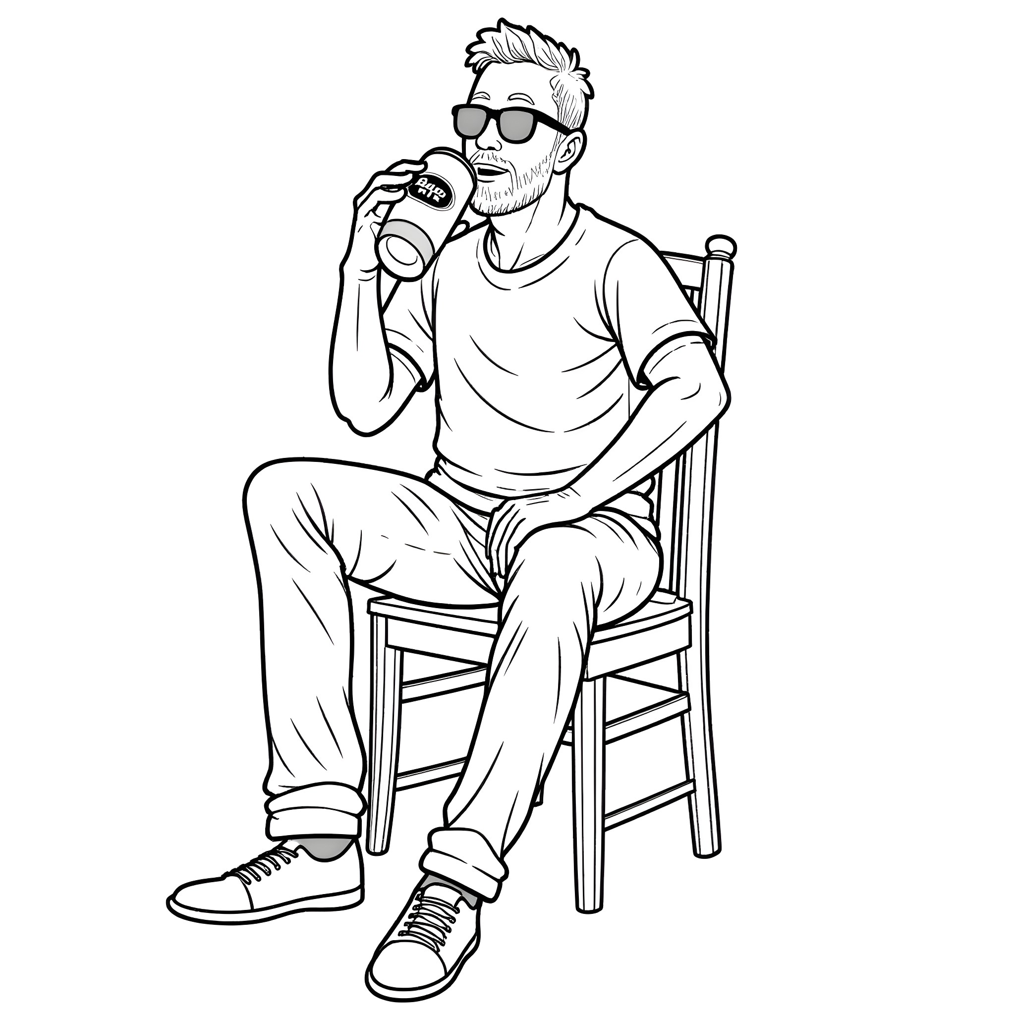 Dude enjoying a refreshing beverage in casual wear Coloring Page (free black-and-white line drawing printable PDF for all, from beginners to advanced learners, including children, teens, adults, and seniors)