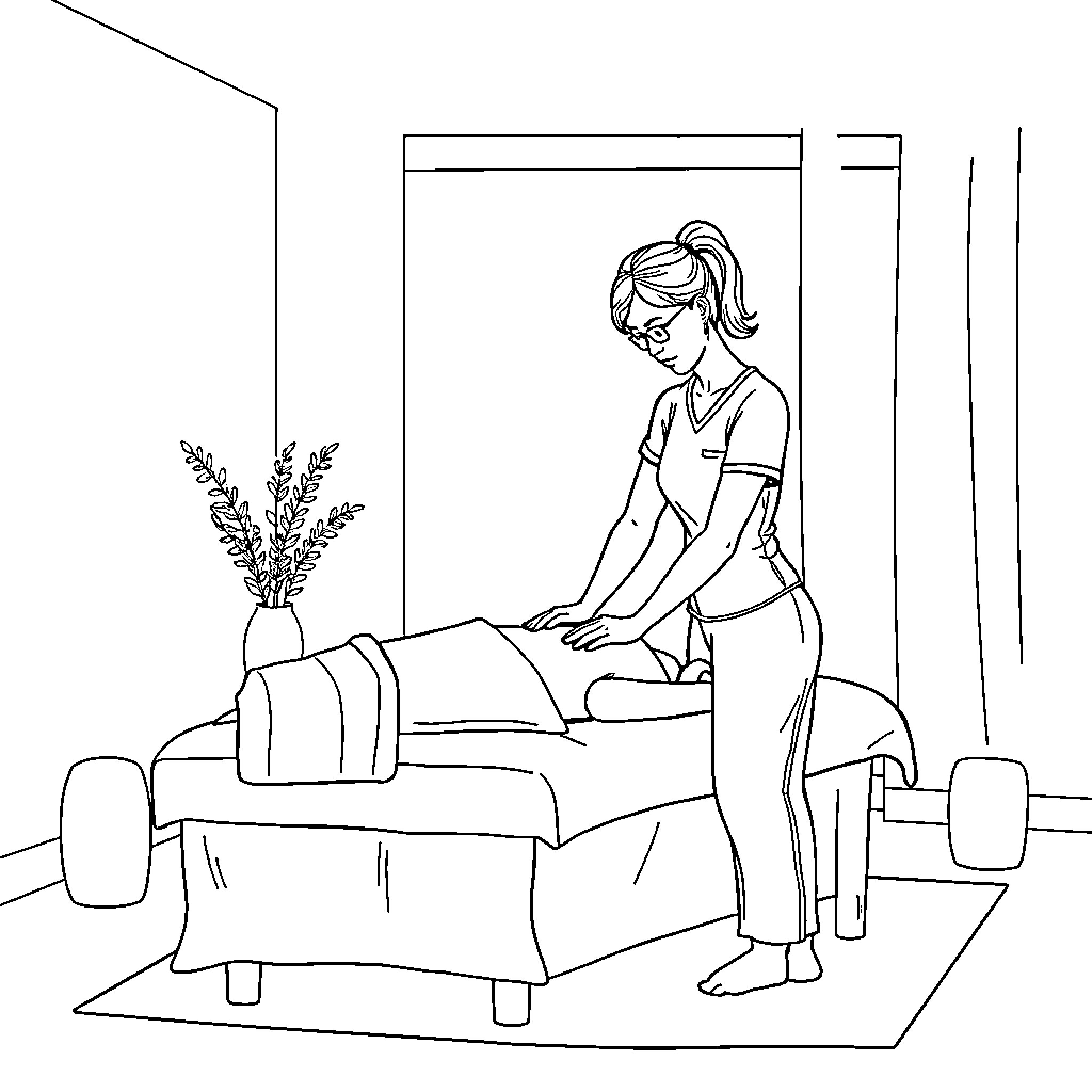 Massage Therapist Providing Relaxing Treatment Coloring Page (free black-and-white line drawing printable PDF for all, from beginners to advanced learners, including children, teens, adults, and seniors)
