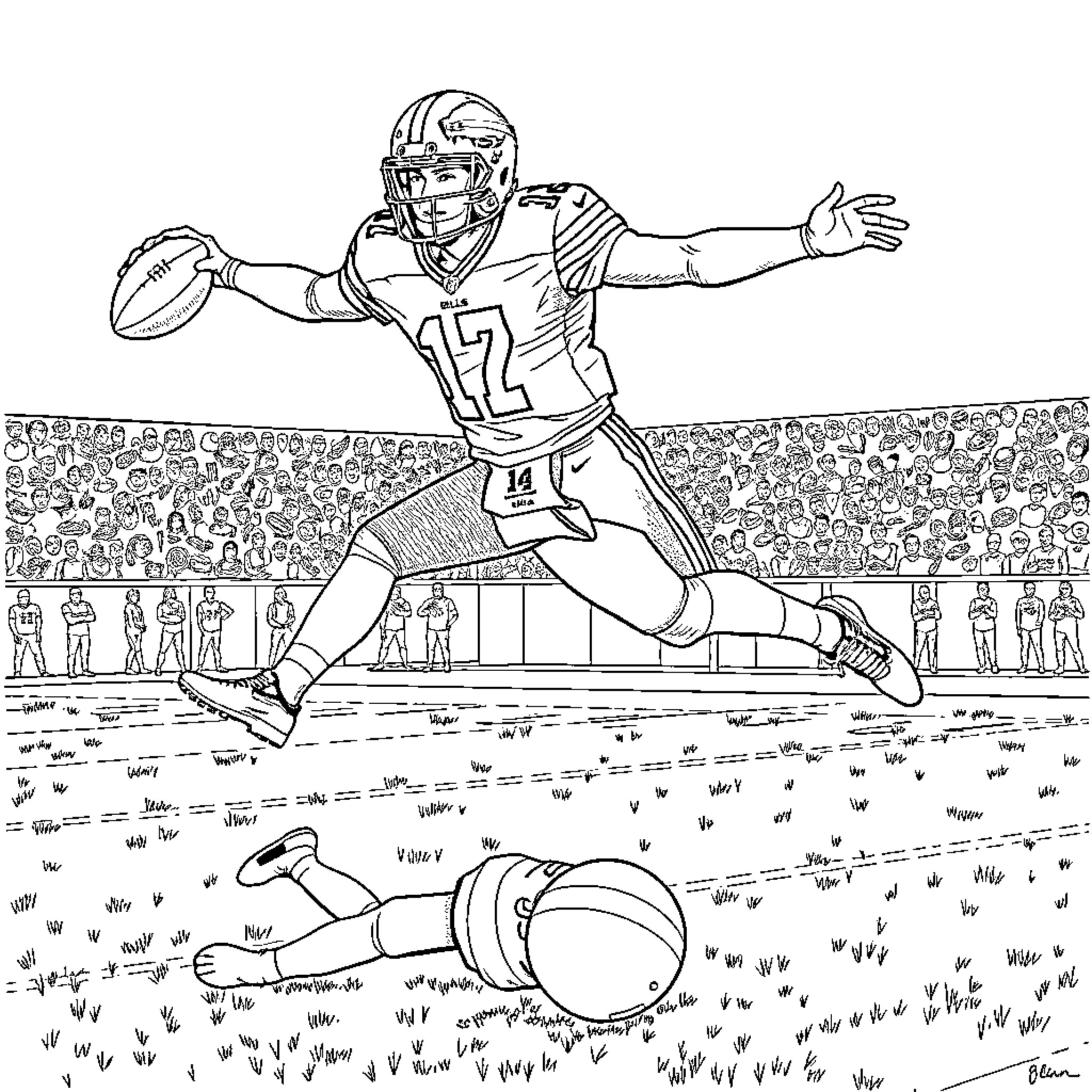 Josh Allen scoring a touchdown on the football field Coloring Page (free black-and-white line drawing printable PDF for all, from beginners to advanced learners, including children, teens, adults, and seniors)