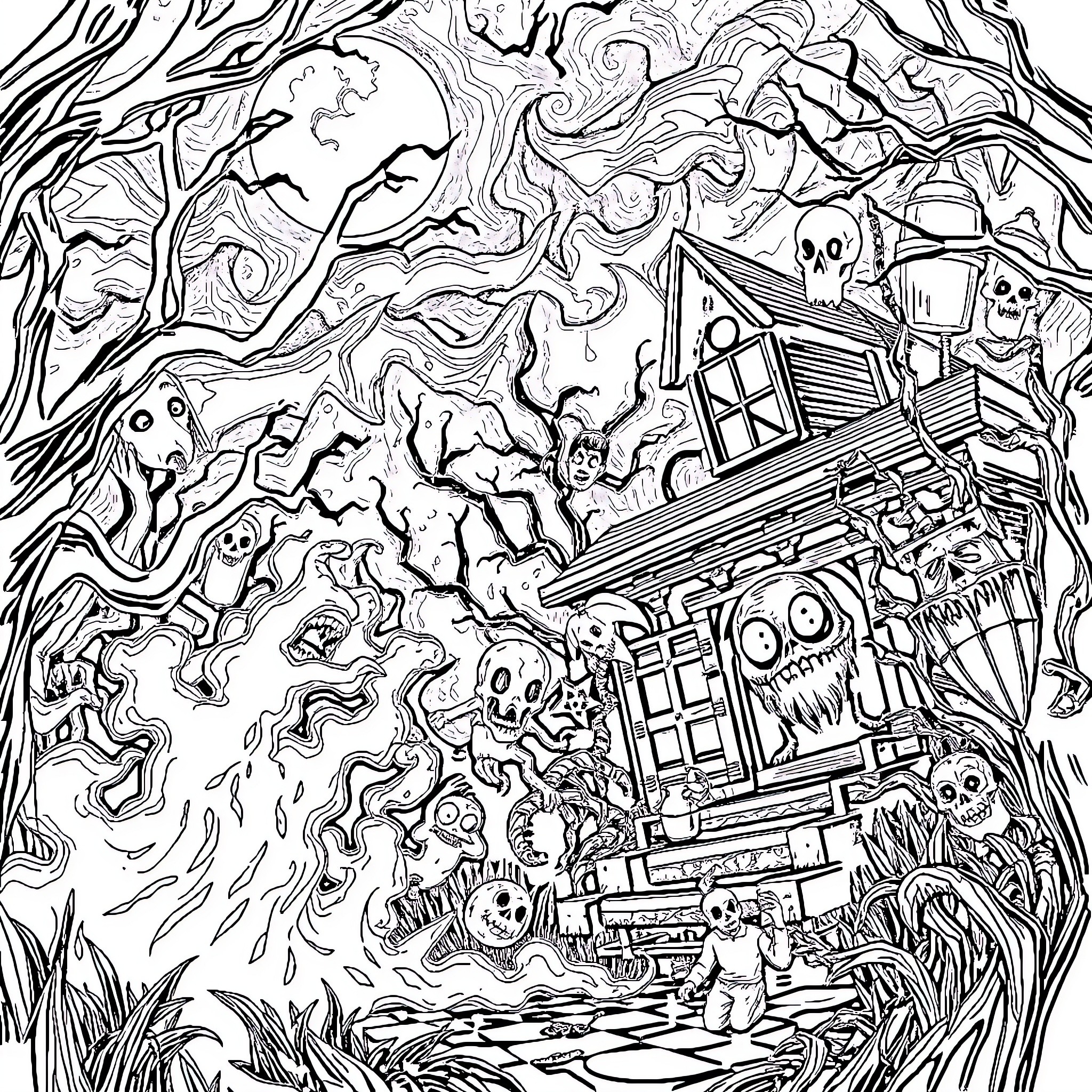 Horror of the Haunted Cabin in the Woods Coloring Page (free black-and-white line drawing printable PDF for all, from beginners to advanced learners, including children, teens, adults, and seniors)