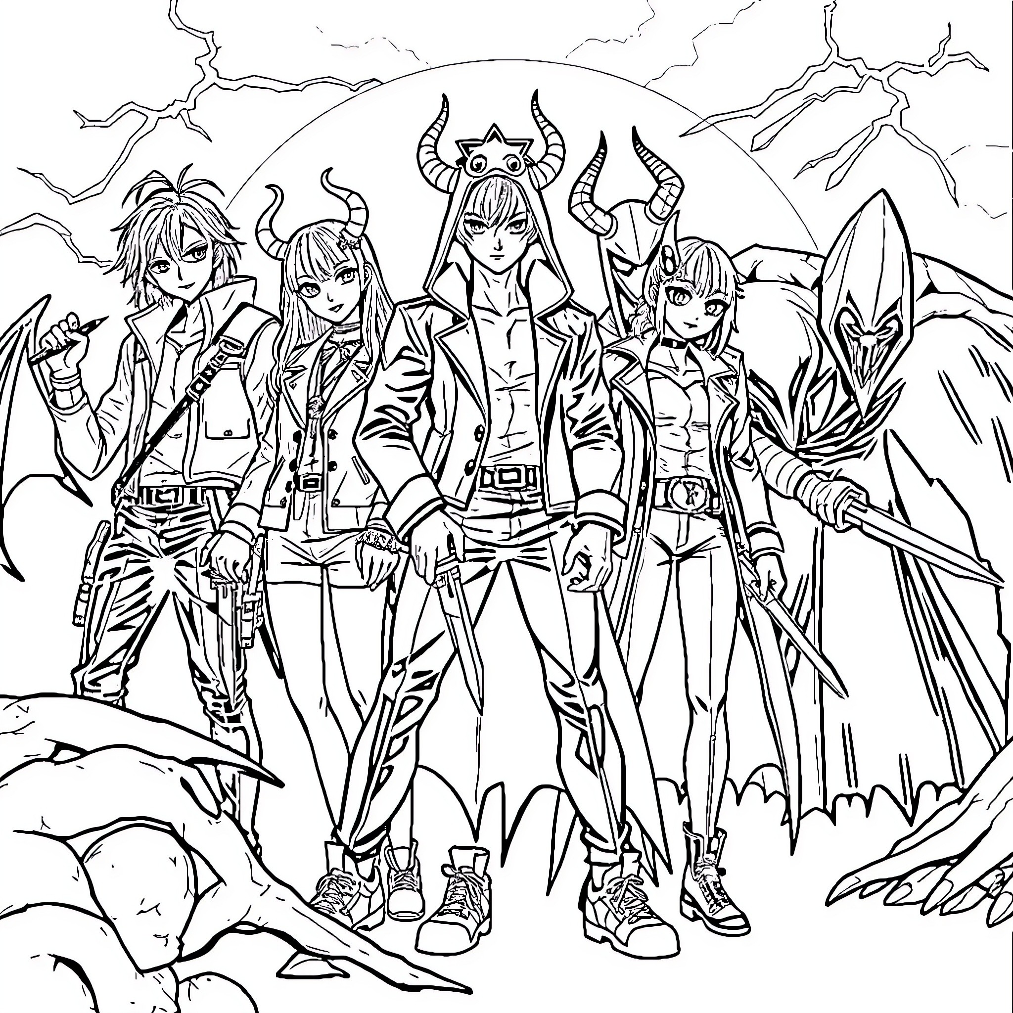 Kpop Demon Squad Poses Defiantly in Dramatic Outfits Coloring Page (free black-and-white line drawing printable PDF for all, from beginners to advanced learners, including children, teens, adults, and seniors)