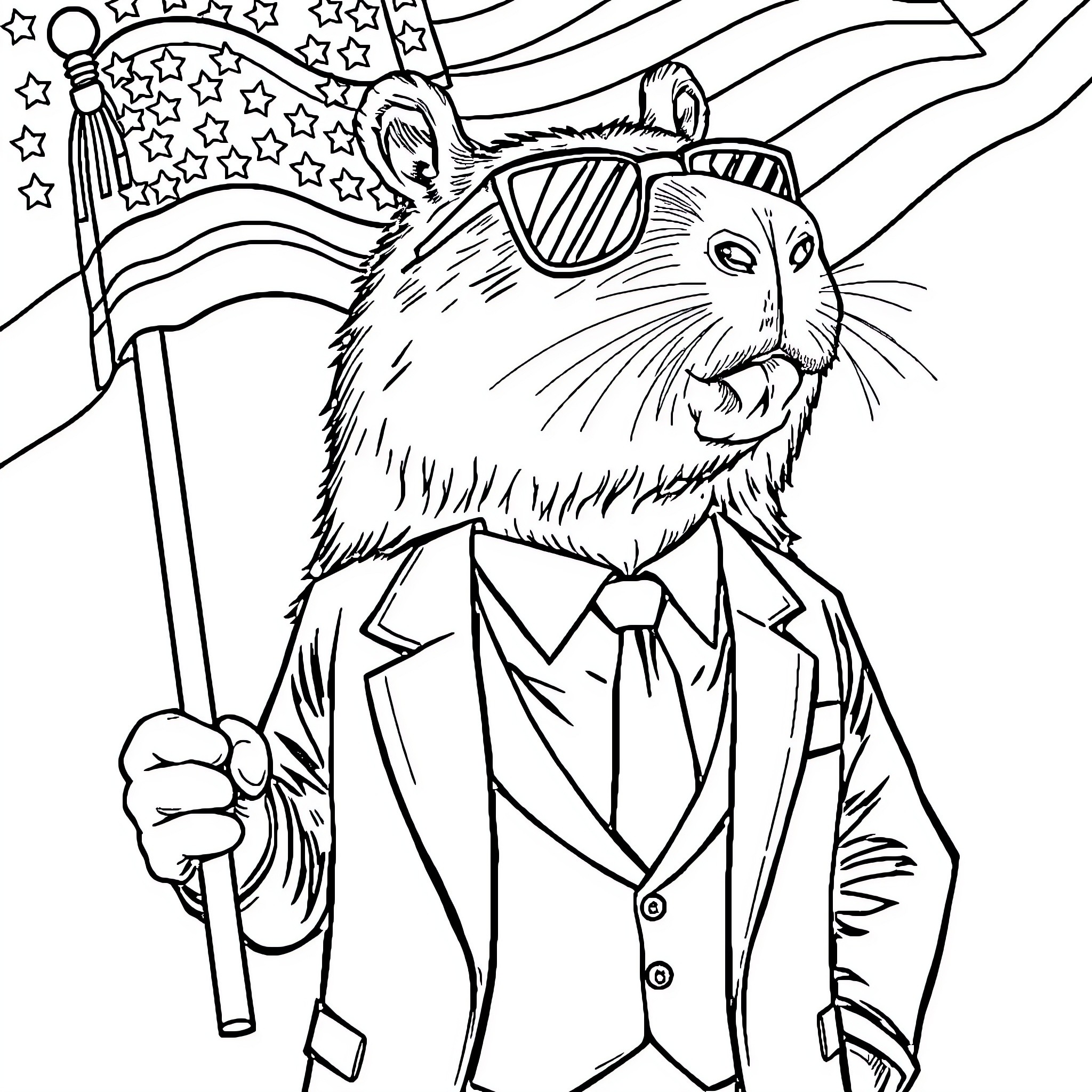 Capybara dressed in patriotic attire with American flag Coloring Page (free black-and-white line drawing printable PDF for all, from beginners to advanced learners, including children, teens, adults, and seniors)