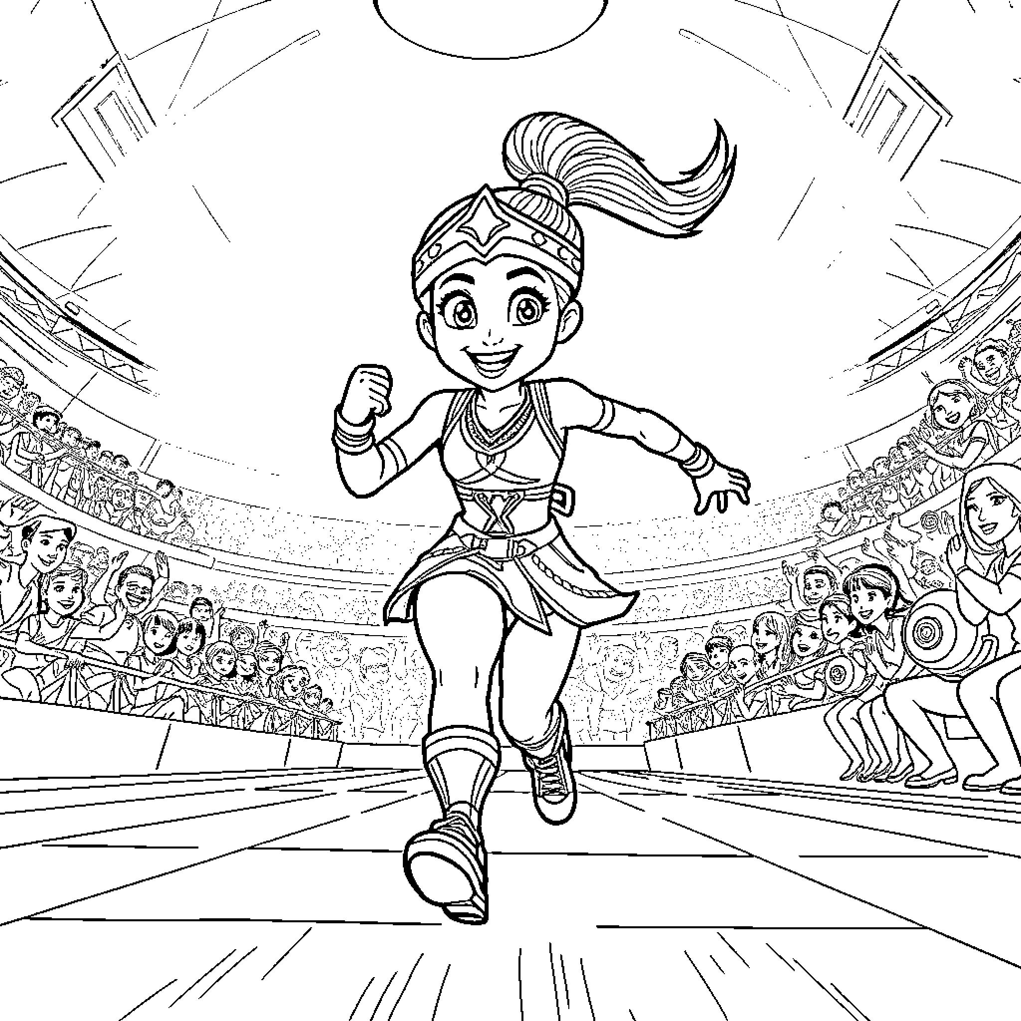 Raya's Energetic Performance on Stage Coloring Page (free black-and-white line drawing printable PDF for all, from beginners to advanced learners, including children, teens, adults, and seniors)