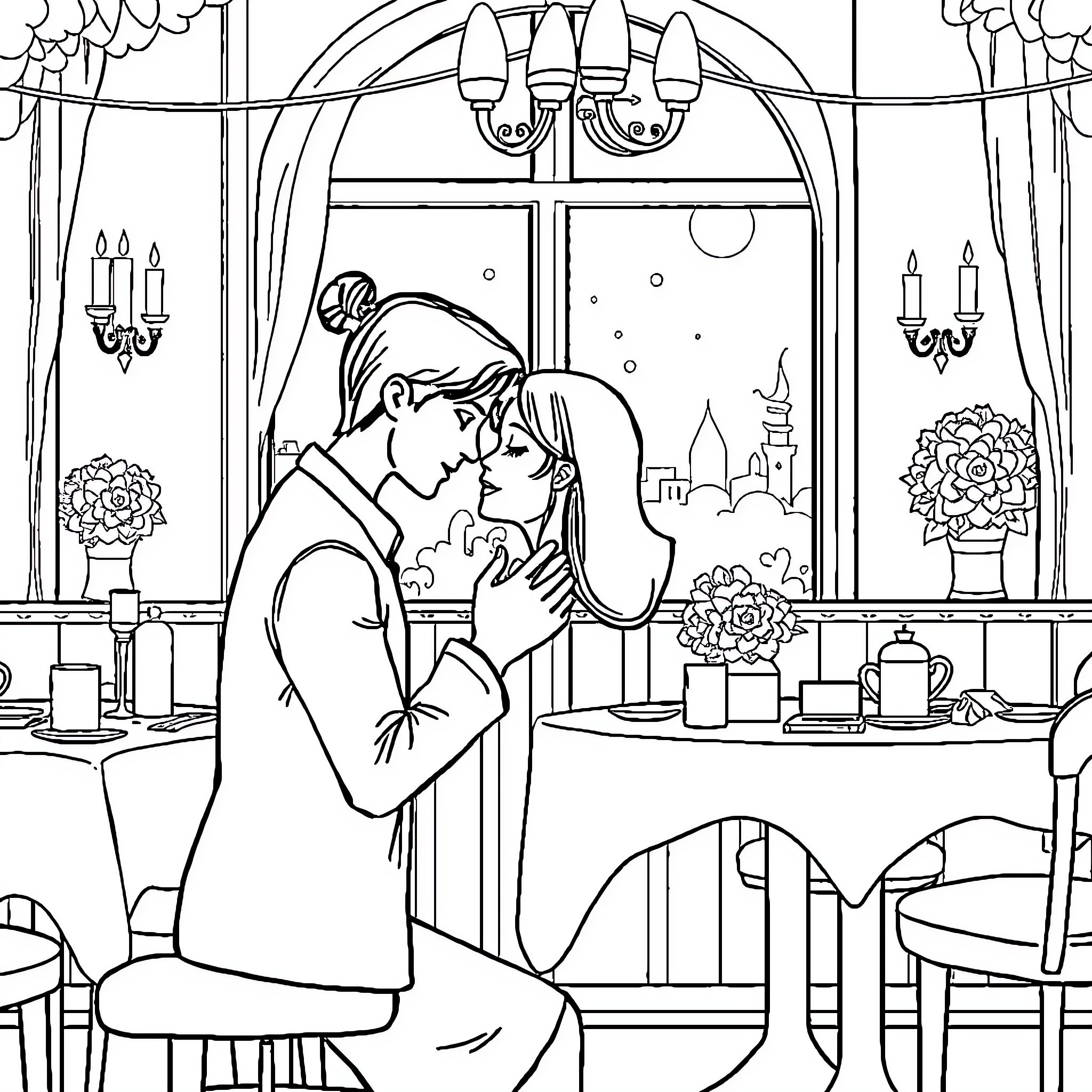 Proposal of a romantic couple in a cafe Coloring Page (free black-and-white line drawing printable PDF for all, from beginners to advanced learners, including children, teens, adults, and seniors)
