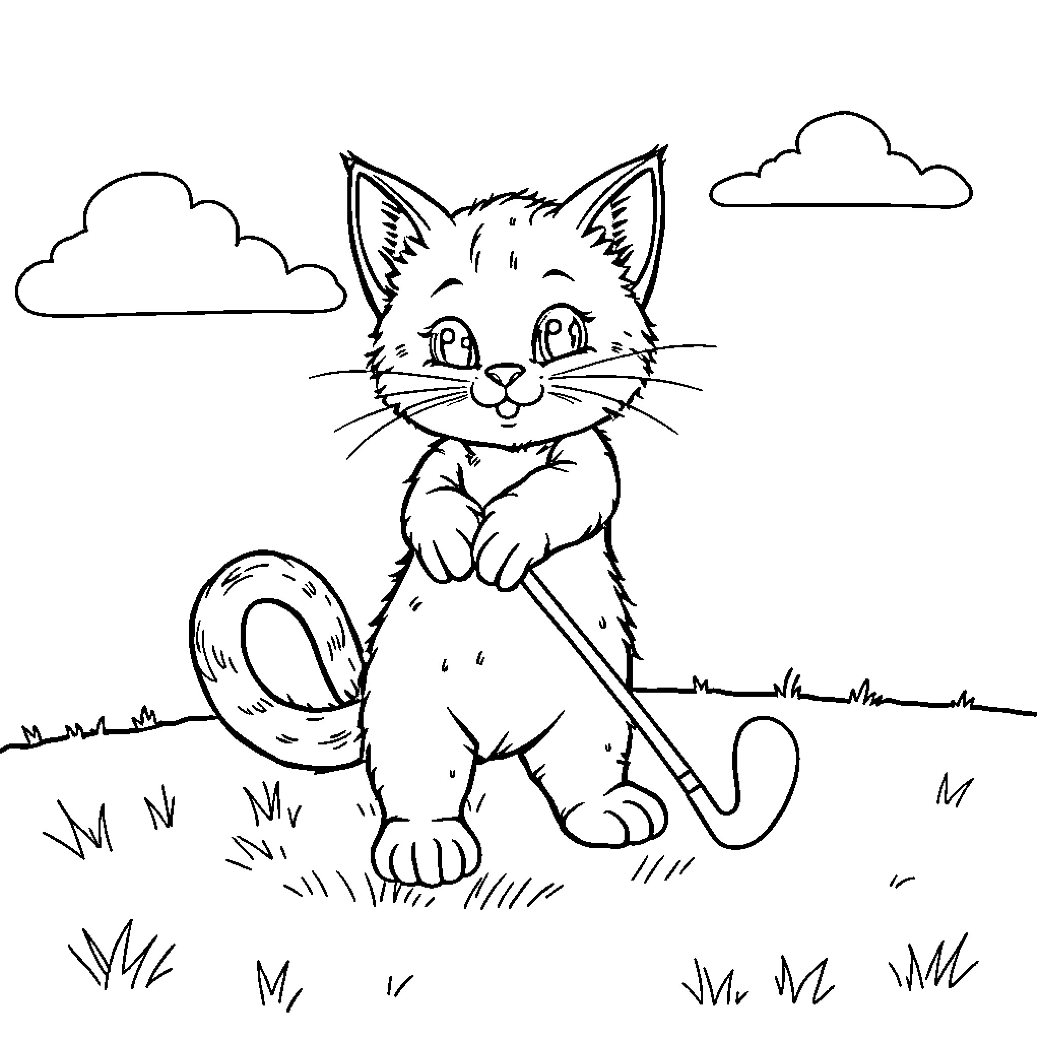 Kitty enjoying the outdoors in the countryside Coloring Page (free black-and-white line drawing printable PDF for all, from beginners to advanced learners, including children, teens, adults, and seniors)