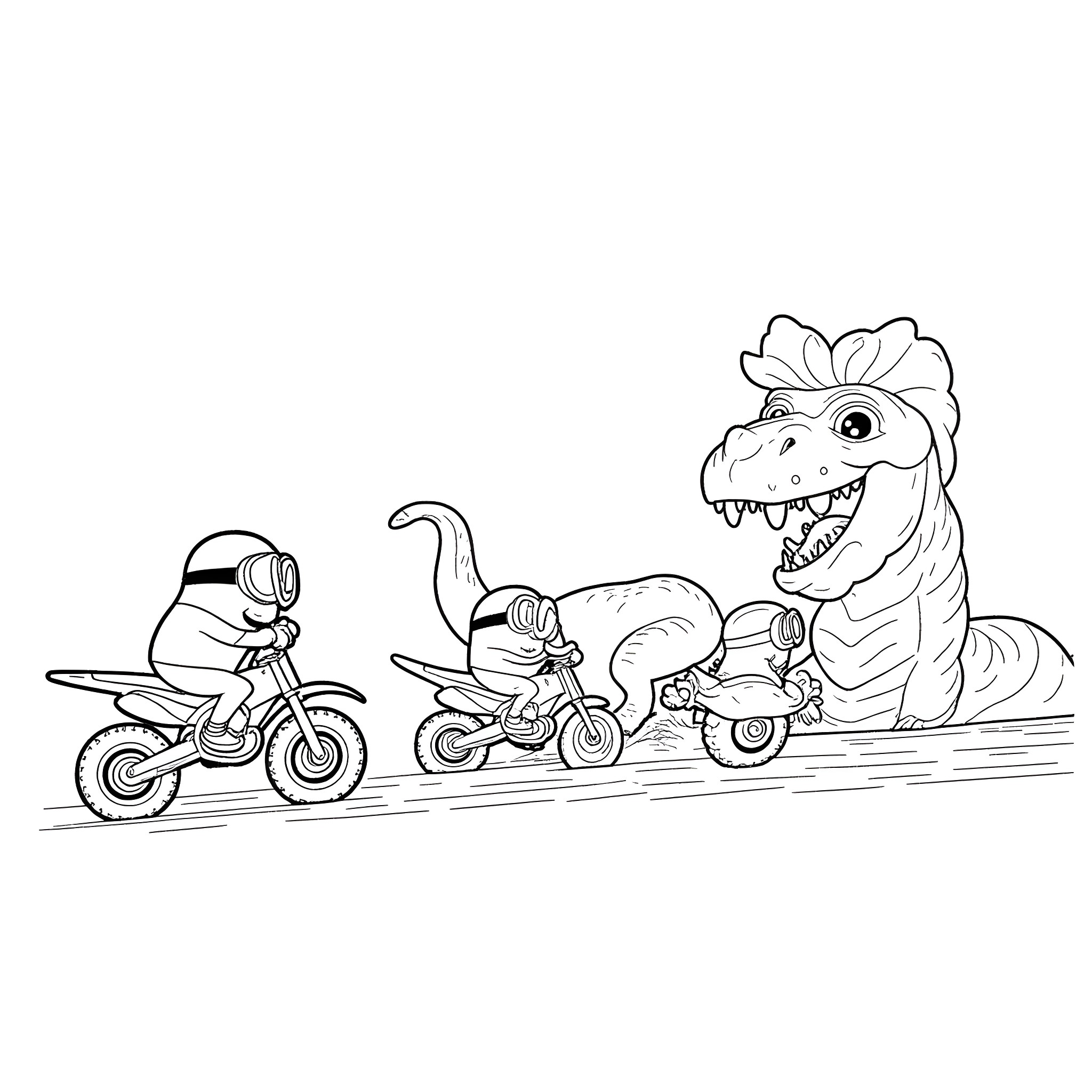 Minion Riders Racing Alongside a Dinosaur Coloring Page (free black-and-white line drawing printable PDF for all, from beginners to advanced learners, including children, teens, adults, and seniors)
