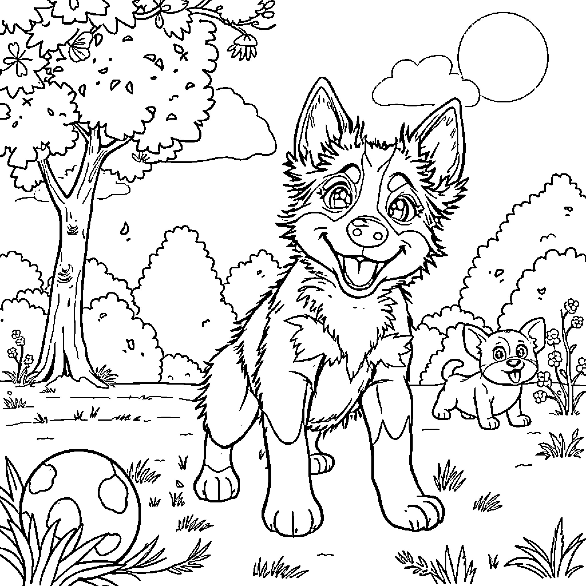 Bluey playing happily with friends in the park Coloring Page (free black-and-white line drawing printable PDF for all, from beginners to advanced learners, including children, teens, adults, and seniors)