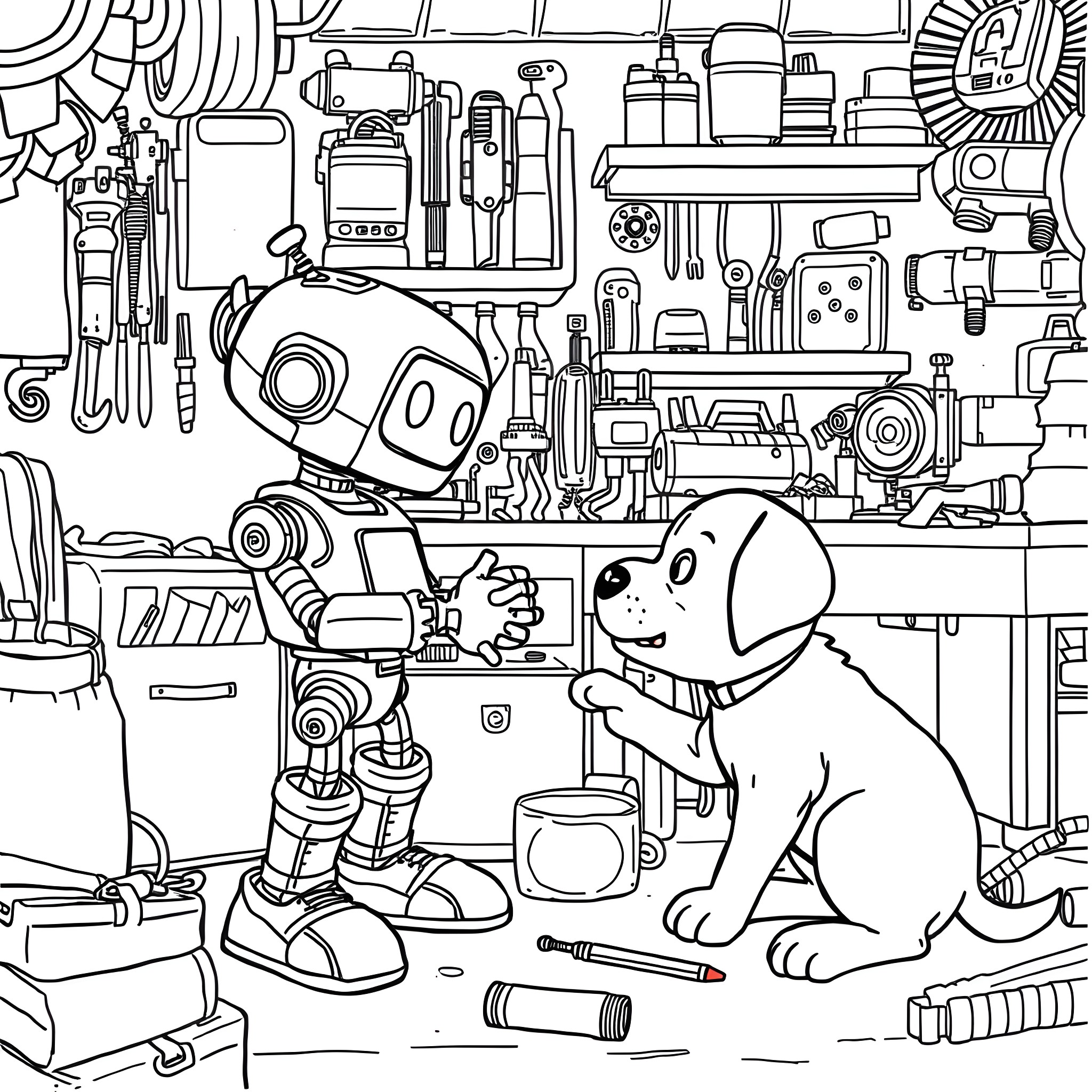 Robot and a dog in a cluttered workshop Coloring Page (free black-and-white line drawing printable PDF for all, from beginners to advanced learners, including children, teens, adults, and seniors)